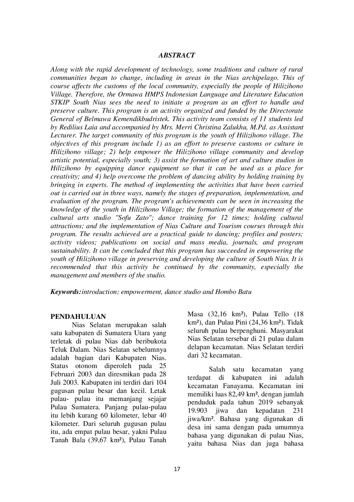 JURIS Pemberdayaan Pemuda melalui Sanggar Tari dan Hombo Batu sebagai Upaya Pelestarian Budaya di Desa Hilizihono Kecamatan Fanayama Kabupaten Nias Selatan