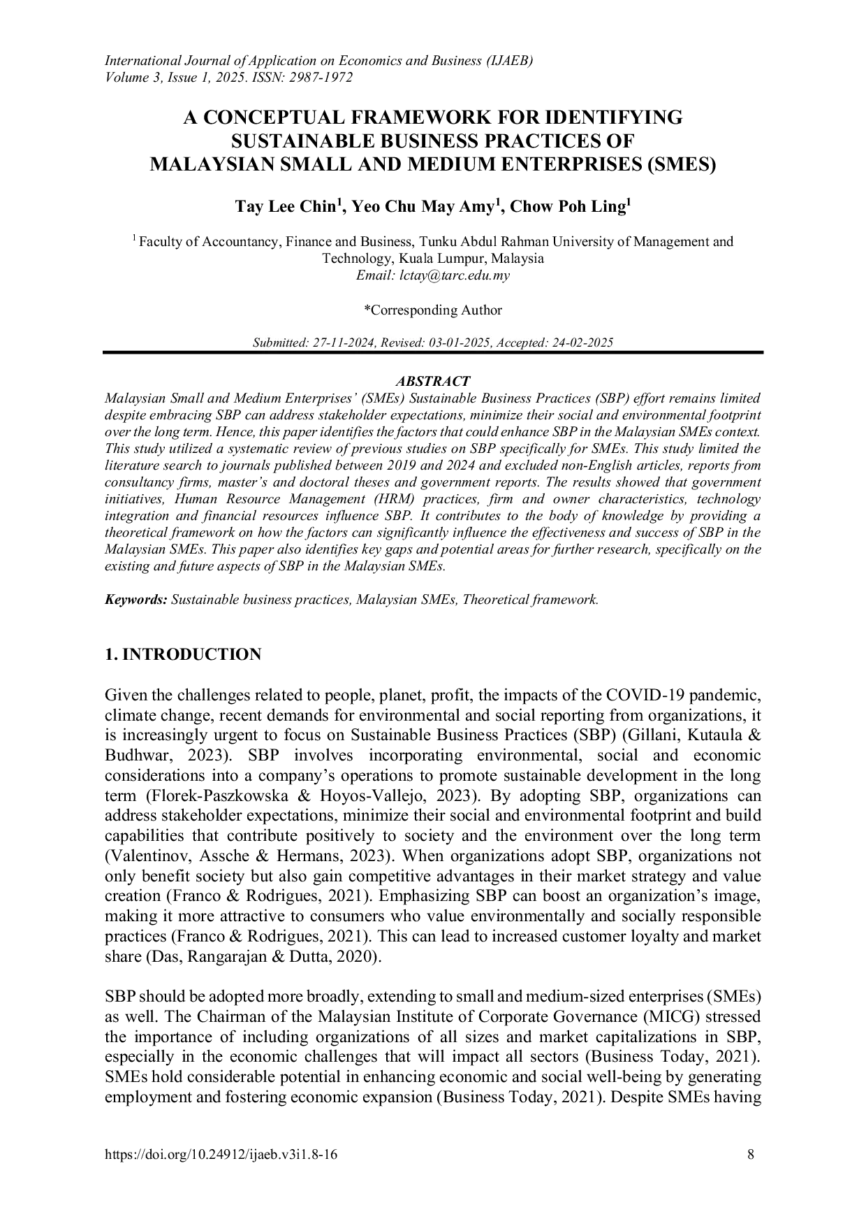 JURIS A Conceptual Framework for Identifying Sustainable Business Practices of Malaysian Small and Medium Enterprises Smes