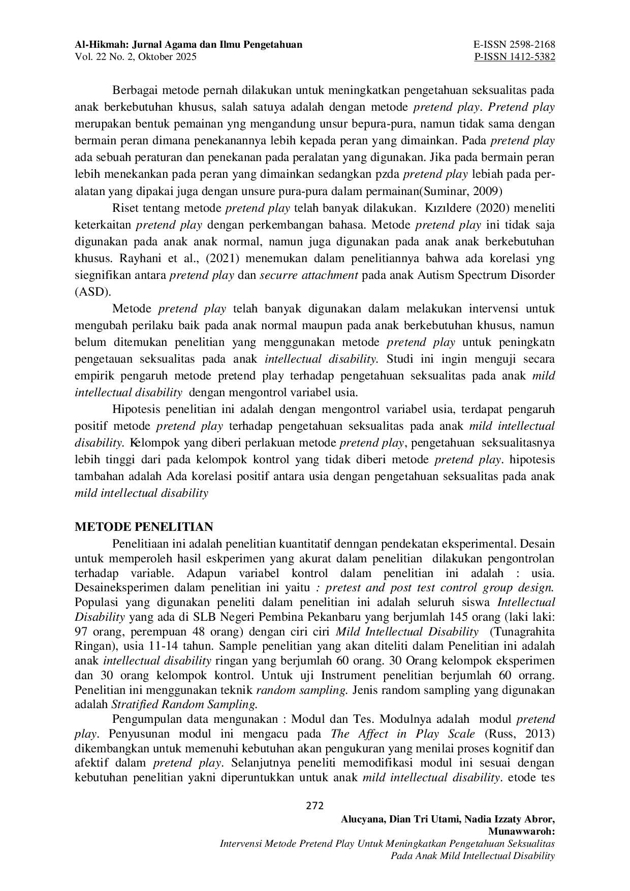 JURIS Intervensi Metode Pretend Play Untuk Meningkatkan Pengetahuan Seksualitas Pada Anak Mild Intellectual Disability