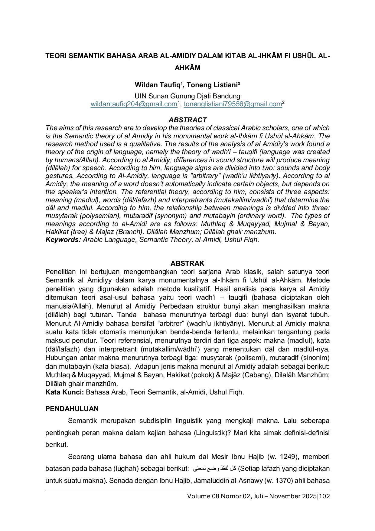 JURIS Teori Semantik Bahasa Arab Al Amidiy Dalam Kitab Al IhkAm Fi Ushl Al AhkAm