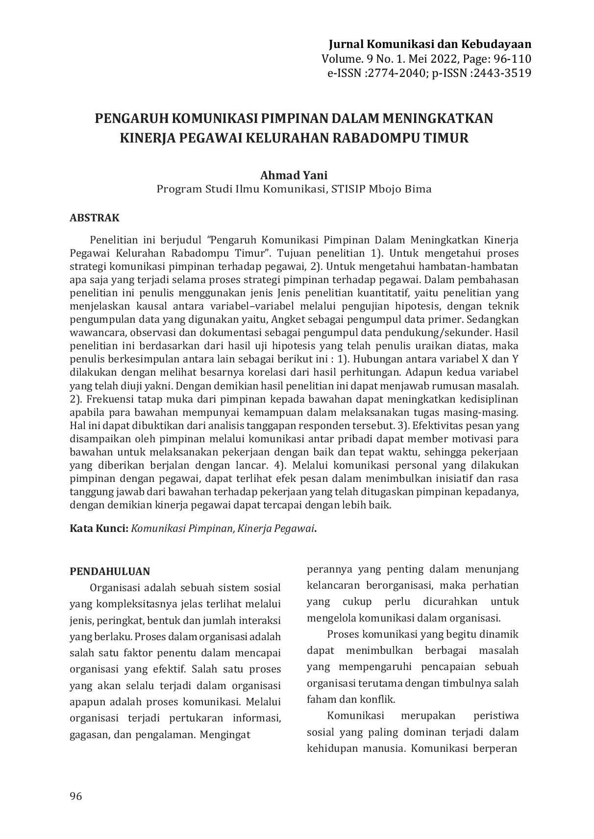JURIS Pengaruh Komunikasi Pimpinan Dalam Meningkatkan Kinerja Pegawai Kelurahan Rabadompu Timur