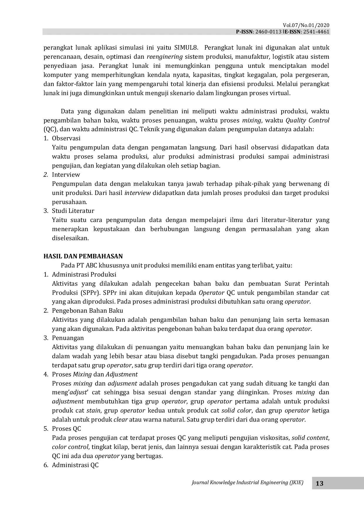 JURIS Simulasi Sistem Produksi Di Industri Cat Studi Kasus Unit Produksi Pt Abc