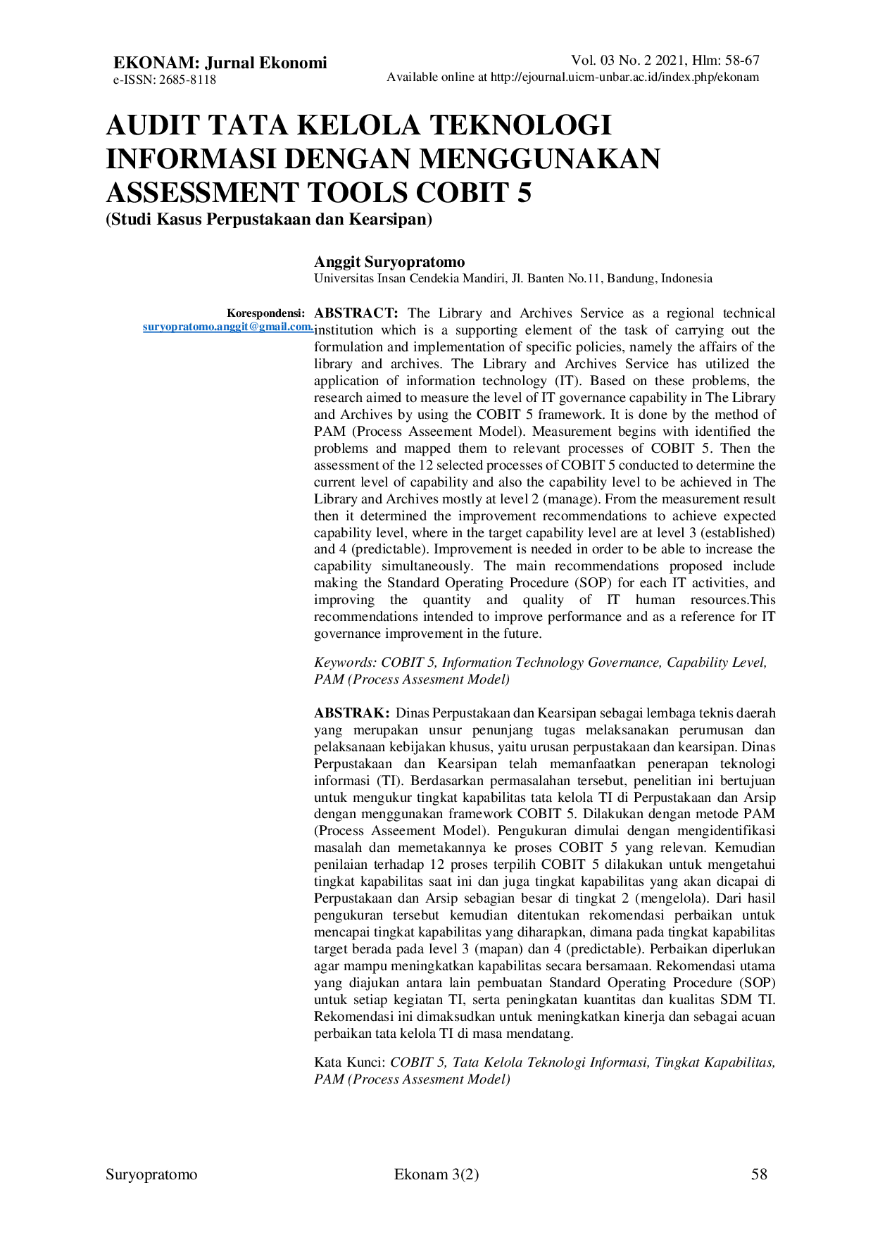 JURIS Audit Tata Kelola Teknologi Informasi Dengan Menggunakan Assessment Tools Cobit 5 Studi Kasus Perpustakaan Dan Kearsipan