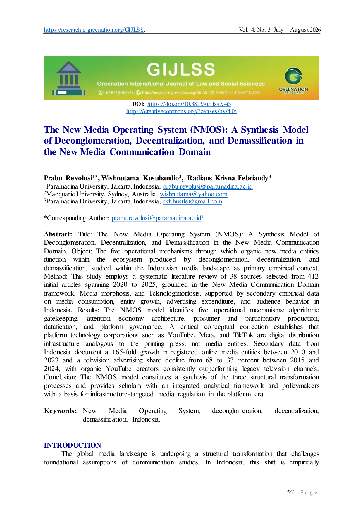 JURIS The New Media Operating System NMOS A Synthesis Model of Deconglomeration Decentralization and Demassification in the New Media Communication Domain
