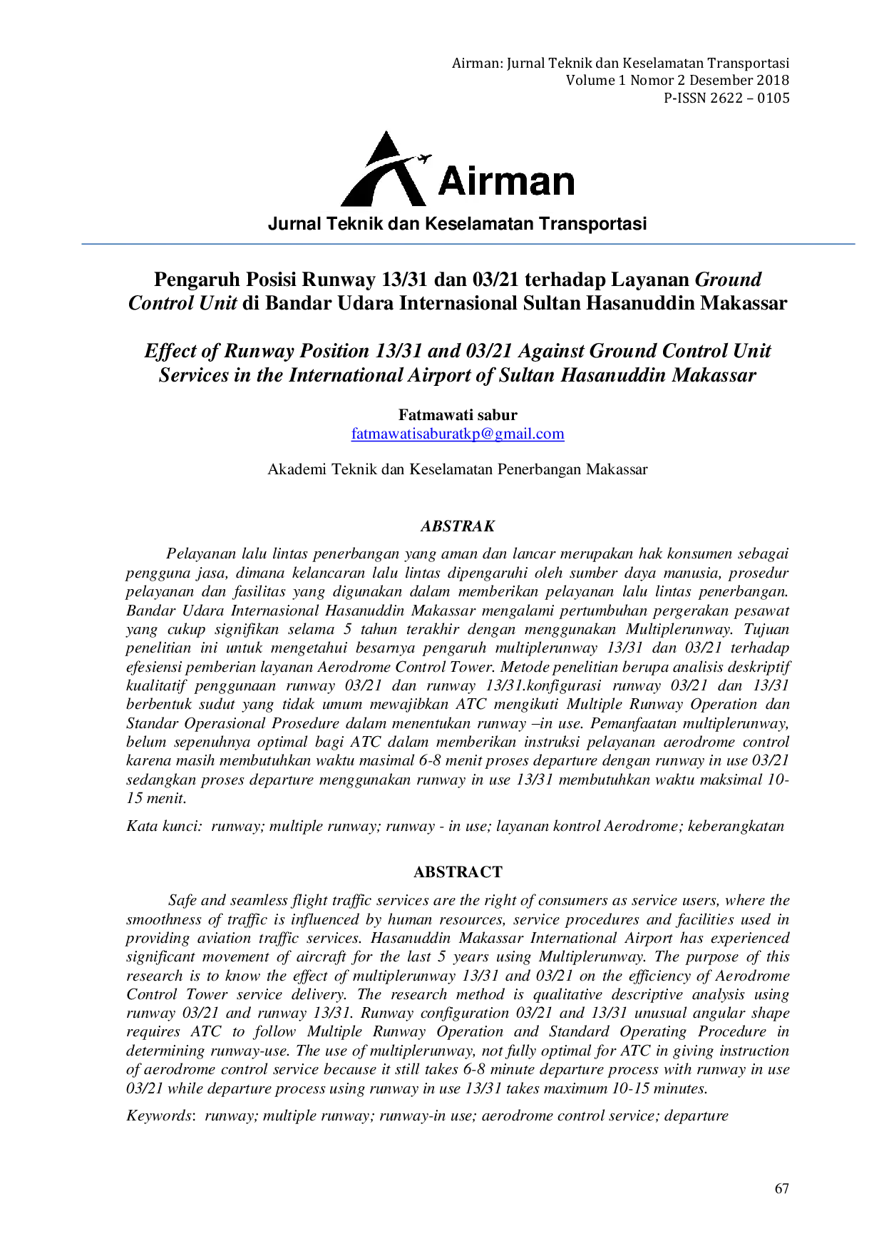 JURIS Effect of Runway Position 13 31 and 03 21 Against Ground Control Unit Services in the International Airport of Sultan Hasanuddin Makassar
