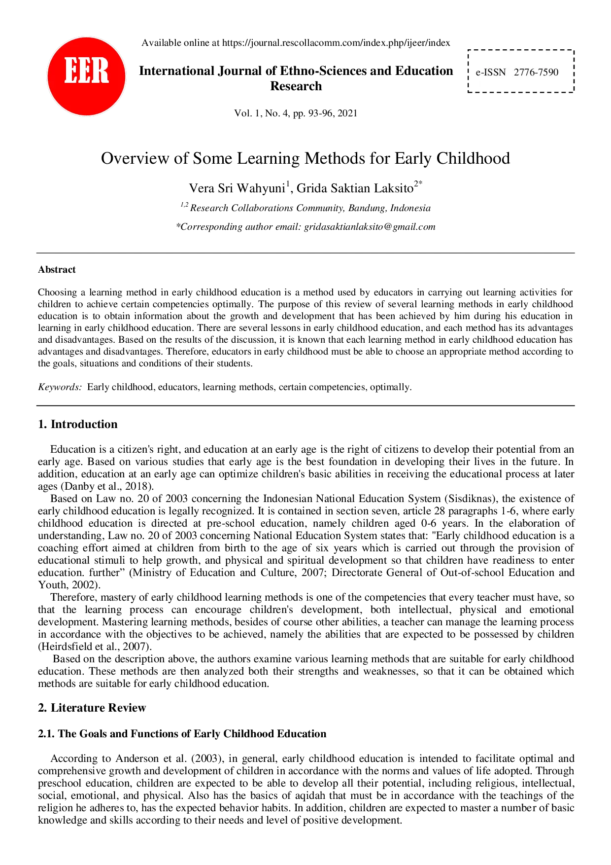 JURIS Overview of Some Learning Methods for Early Childhood