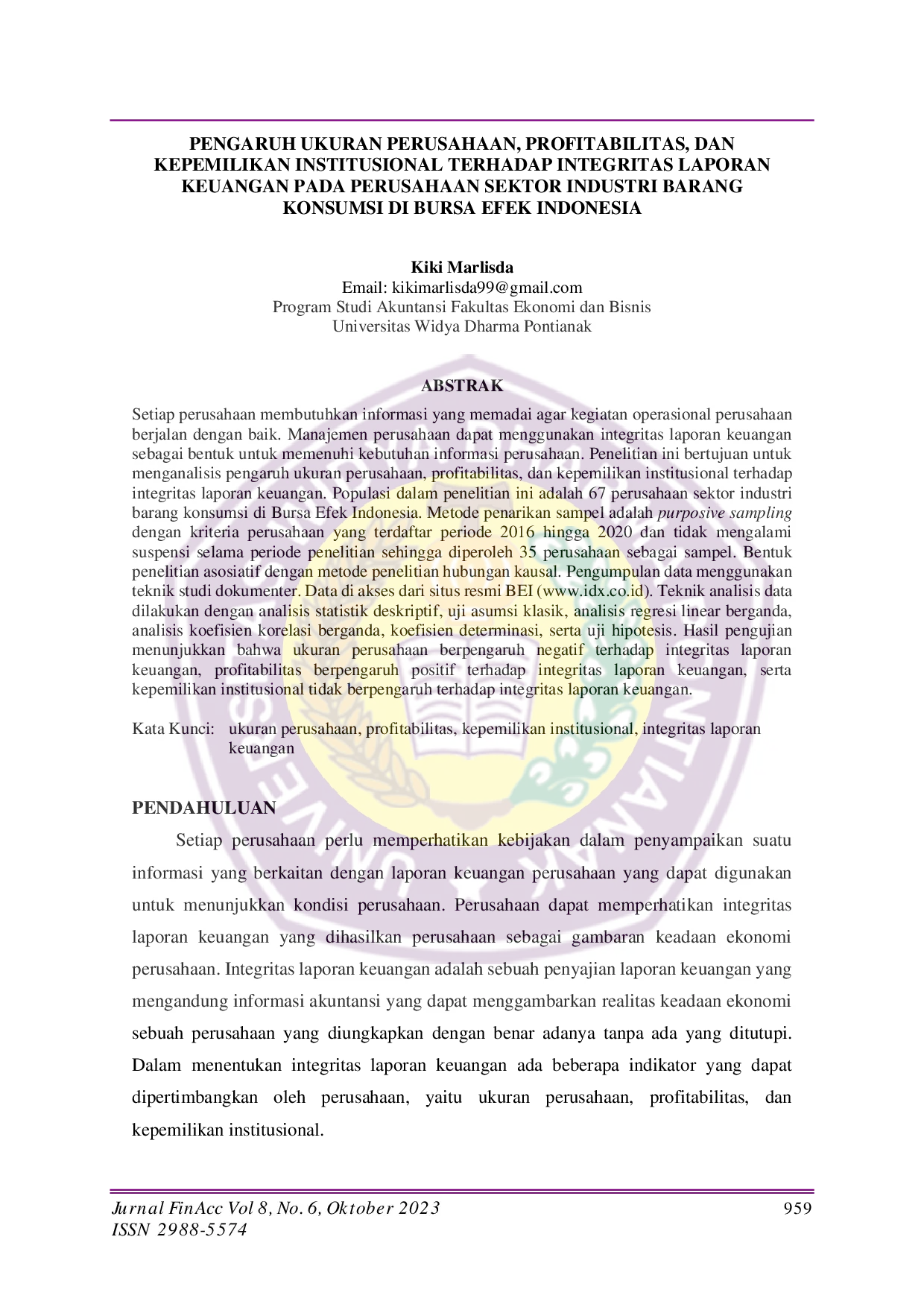 JURIS Pengaruh Ukuran Perusahaan Profitabilitas Dan Kepemilikan Institusional Terhadap Integritas Laporan Keuangan Pada Perusahaan Sektor Industri Barang Konsumsi Di Bursa Efek Indonesia