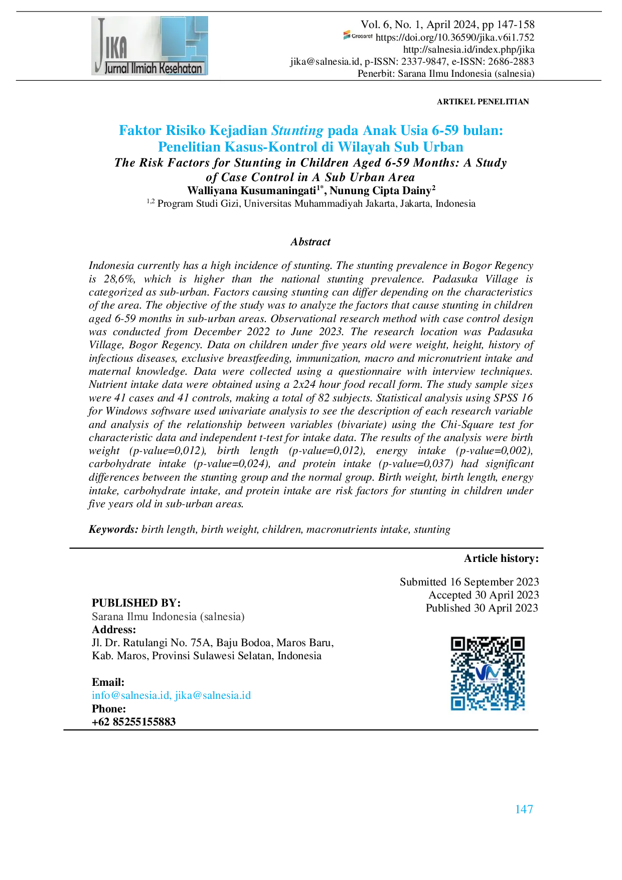 JURIS Faktor Risiko Kejadian Stunting pada Anak Usia 6 59 bulan Penelitian Kasus Kontrol di Wilayah Sub Urban