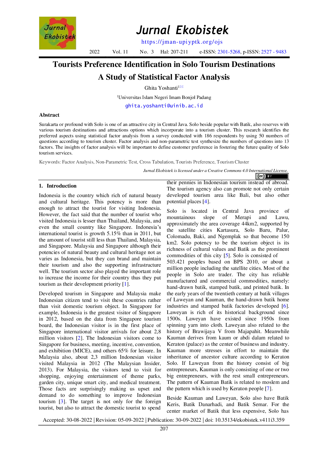 JURIS Tourists Preference Identification in Solo Tourism Destinations A Study of Statistical Factor Analysis