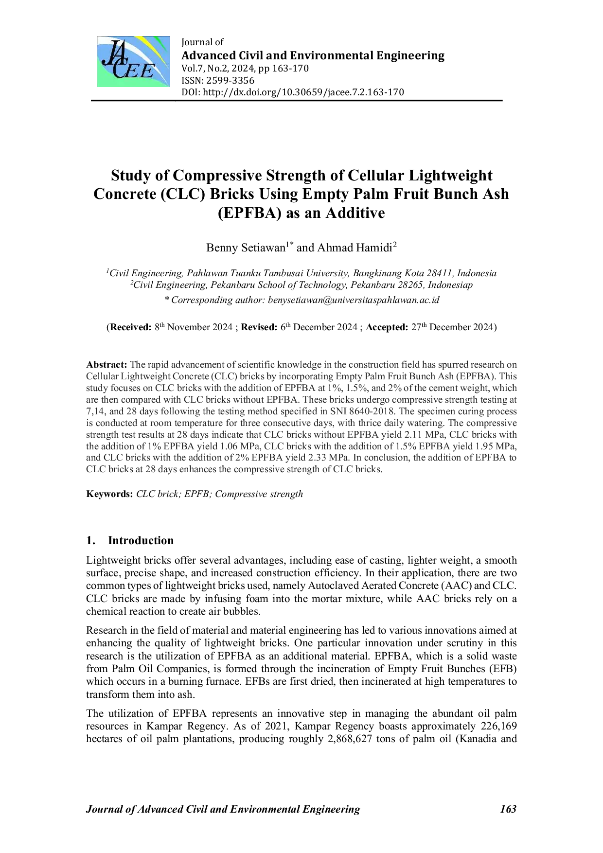 JURIS Study of Compressive Strength of Cellular Lightweight Concrete CLC Bricks Using Empty Palm Fruit Bunch Ash EPFBA as an Additive
