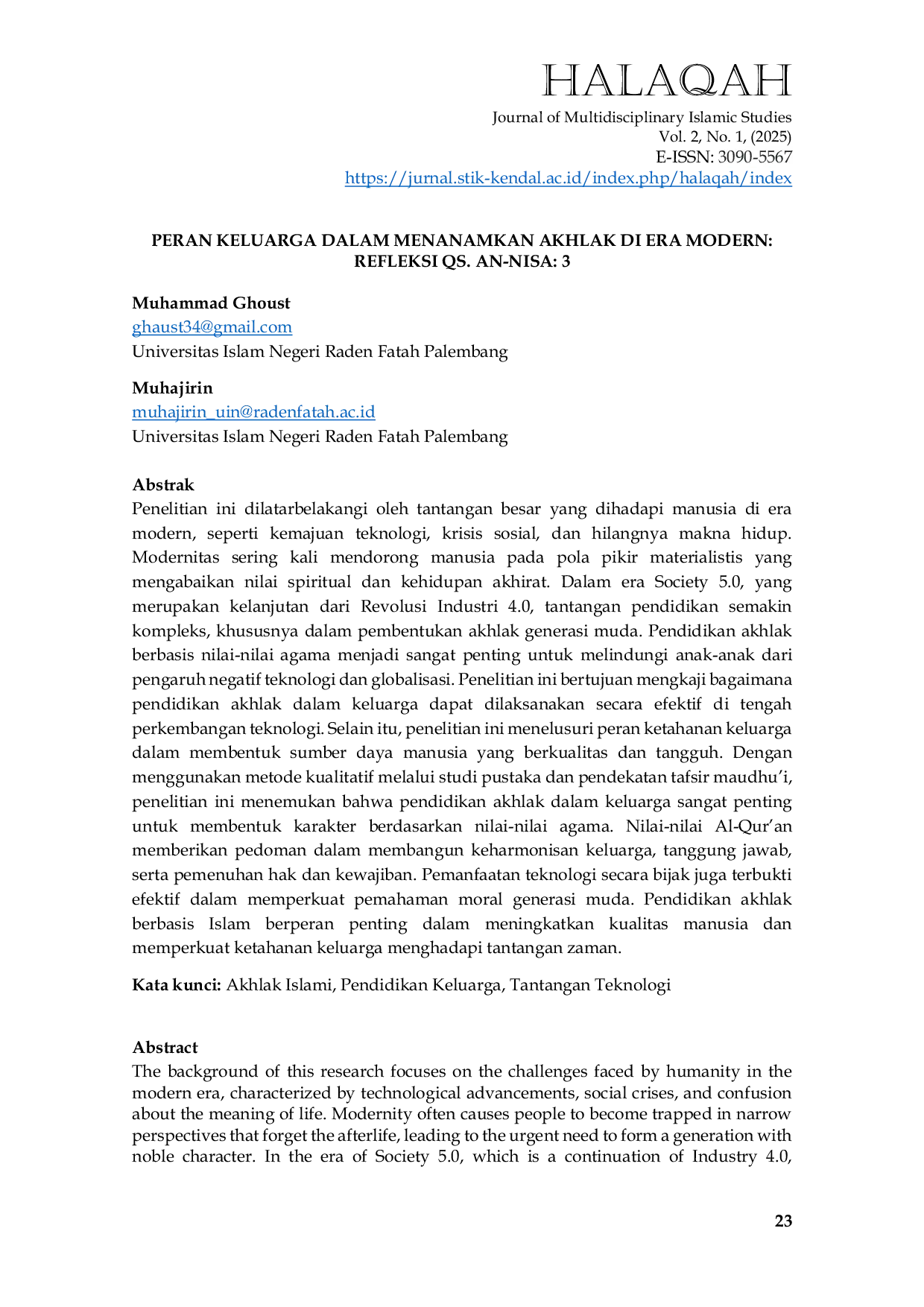 JURIS Peran Keluarga Dalam Menanamkan Akhlak Di Era Modern Refleksi QS An Nisa 3