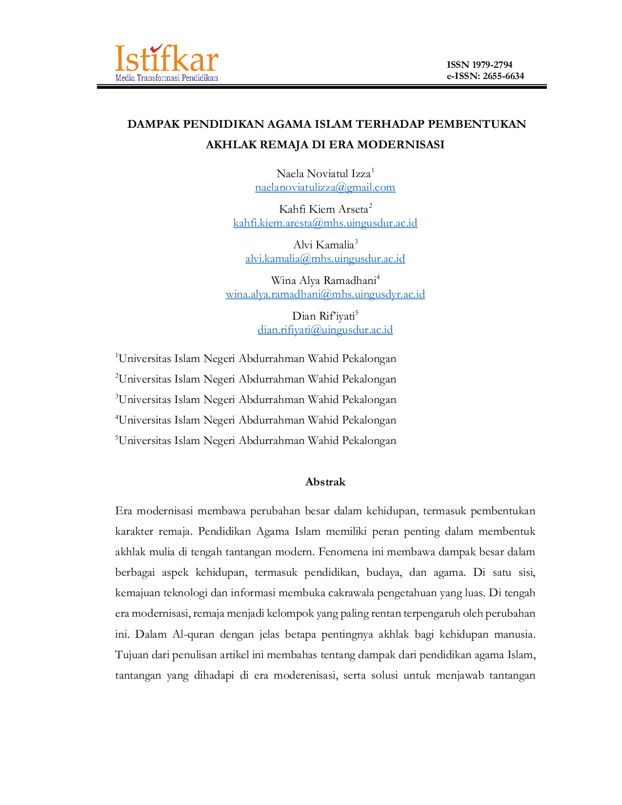 JURIS Dampak Pendidikan Agama Islam Terhadap Pembentukan Akhlak Remaja di Era Modernisasi