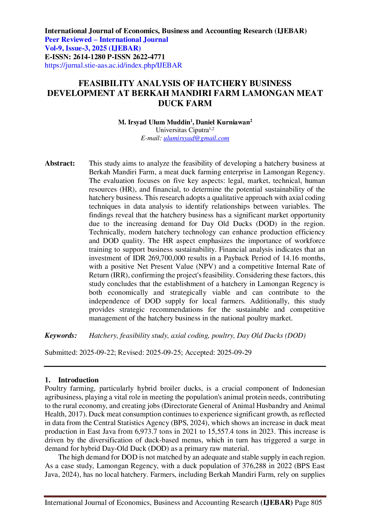 JURIS Analisis Kelayakan Pengembangan Bisnis Hatchery Pada Peternakan Unggas Itik Pedaging Berkah Mandiri Farm Lamongan