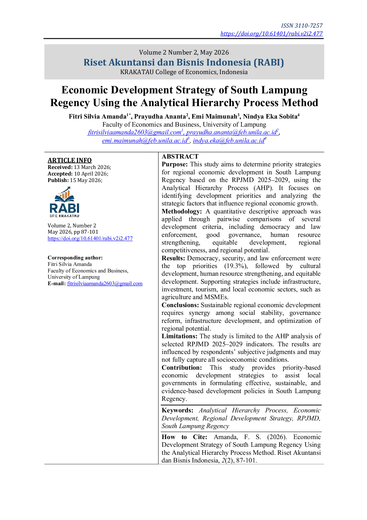 JURIS Economic Development Strategy of South Lampung Regency Using the Analytical Hierarchy Process Method