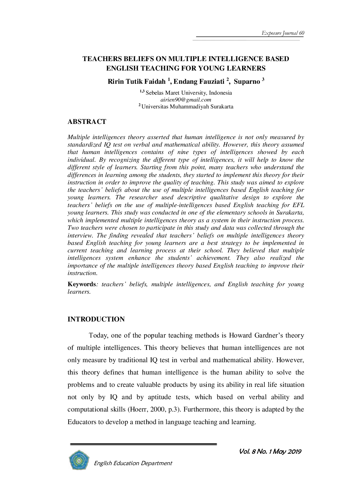 JURIS Teachers Beliefs on Multiple Intelligence Based English Teaching for Young Learners