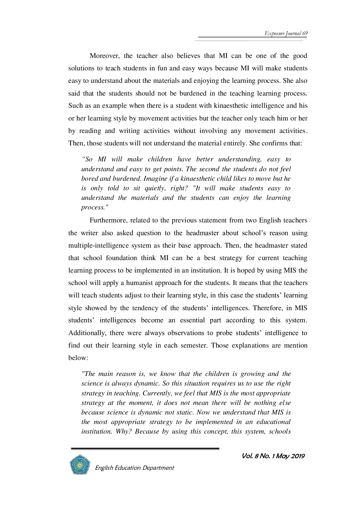 JURIS Teachers Beliefs on Multiple Intelligence Based English Teaching for Young Learners