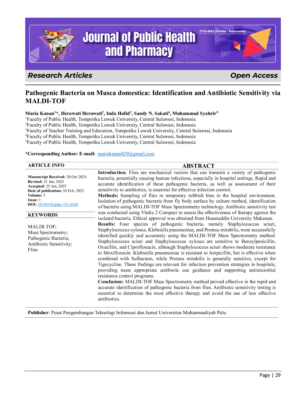 JURIS Pathogenic Bacteria on Musca domestica Identification and Antibiotic Sensitivity via MALDI TOF