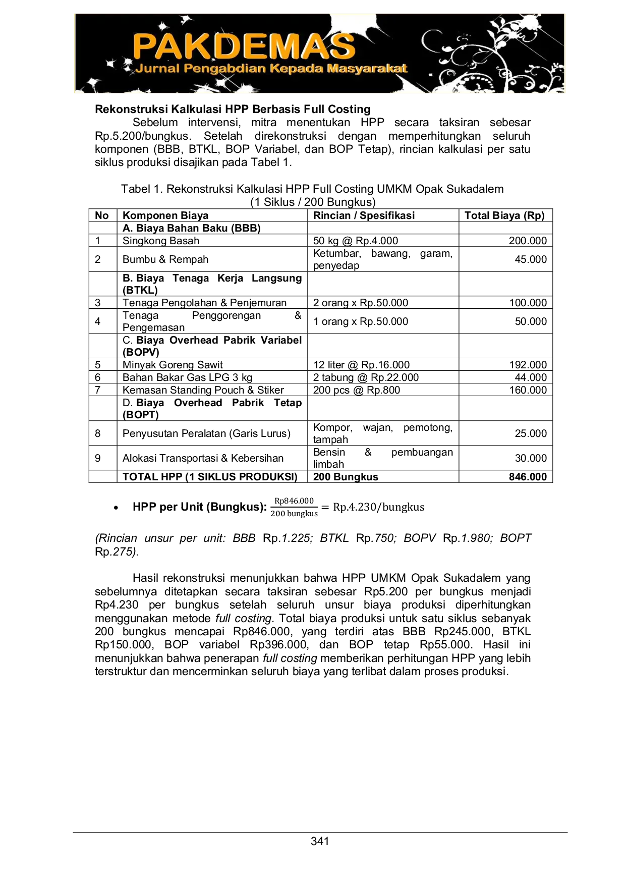 JURIS Calculation of Production Cost Using the Full Costing Method In the Conversion Cycle of Opak Sukadalem Umkm In the Era of Microeconomic Digitalization