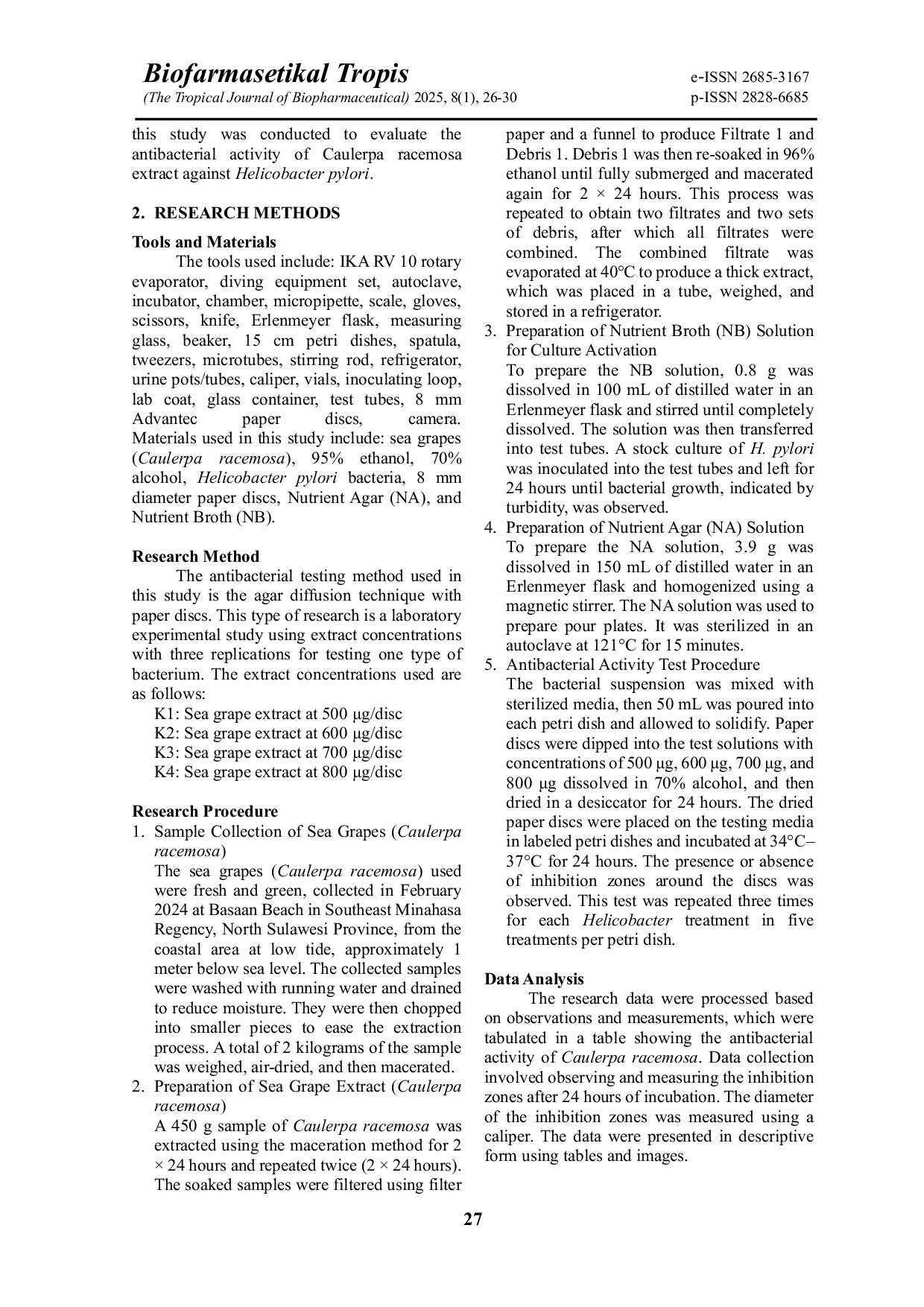 JURIS Aktivitas Caulerpa racemosa Terhadap Bakteri Helicobacter pylori