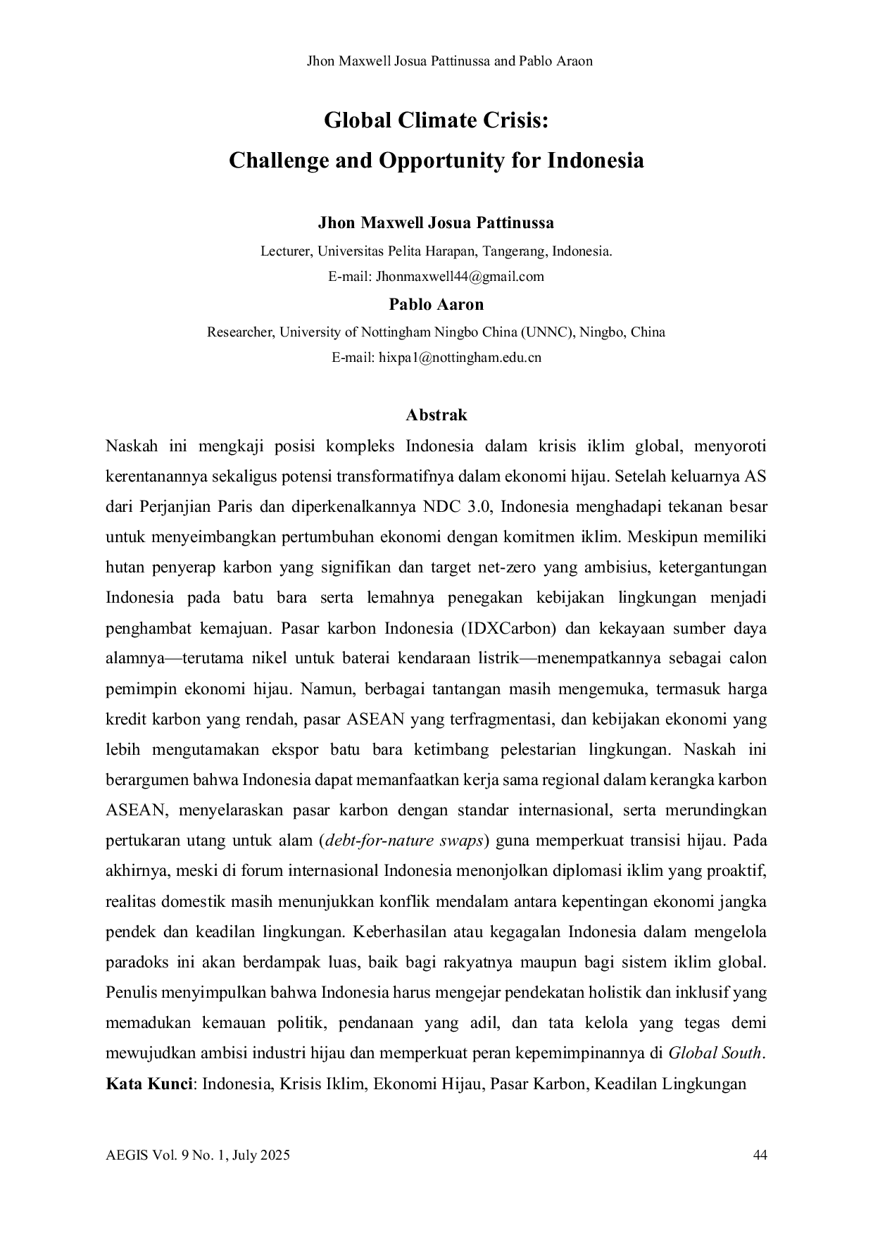 JURIS Global Climate Crisis Challenge and Opportunity for Indonesia