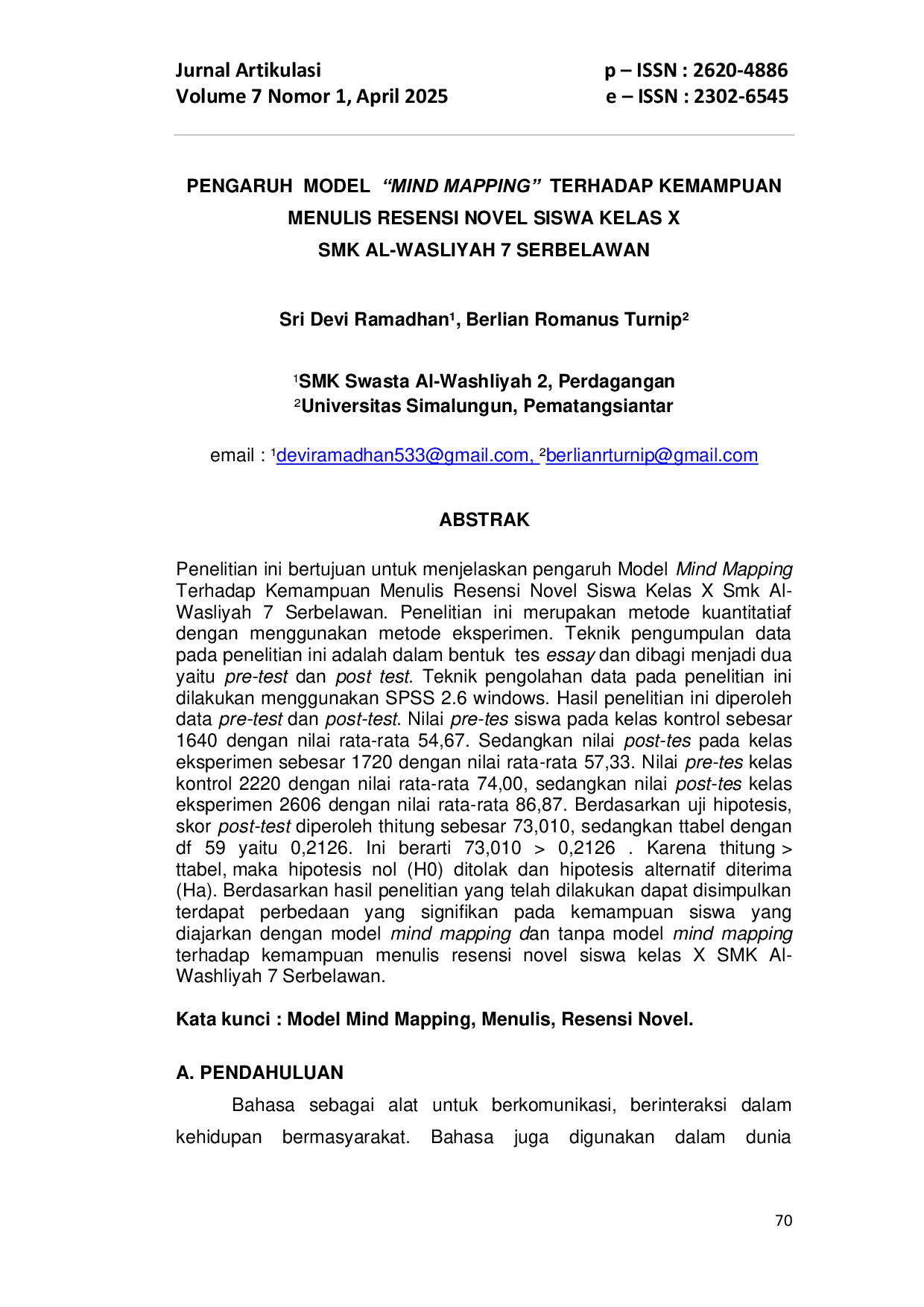 JURIS Pengaruh Model Mind Mapping Terhadap Kemampuan Menulis Resensi Novel Siswa Kelas X SMK AL Wasliyah 7 Serbelawan