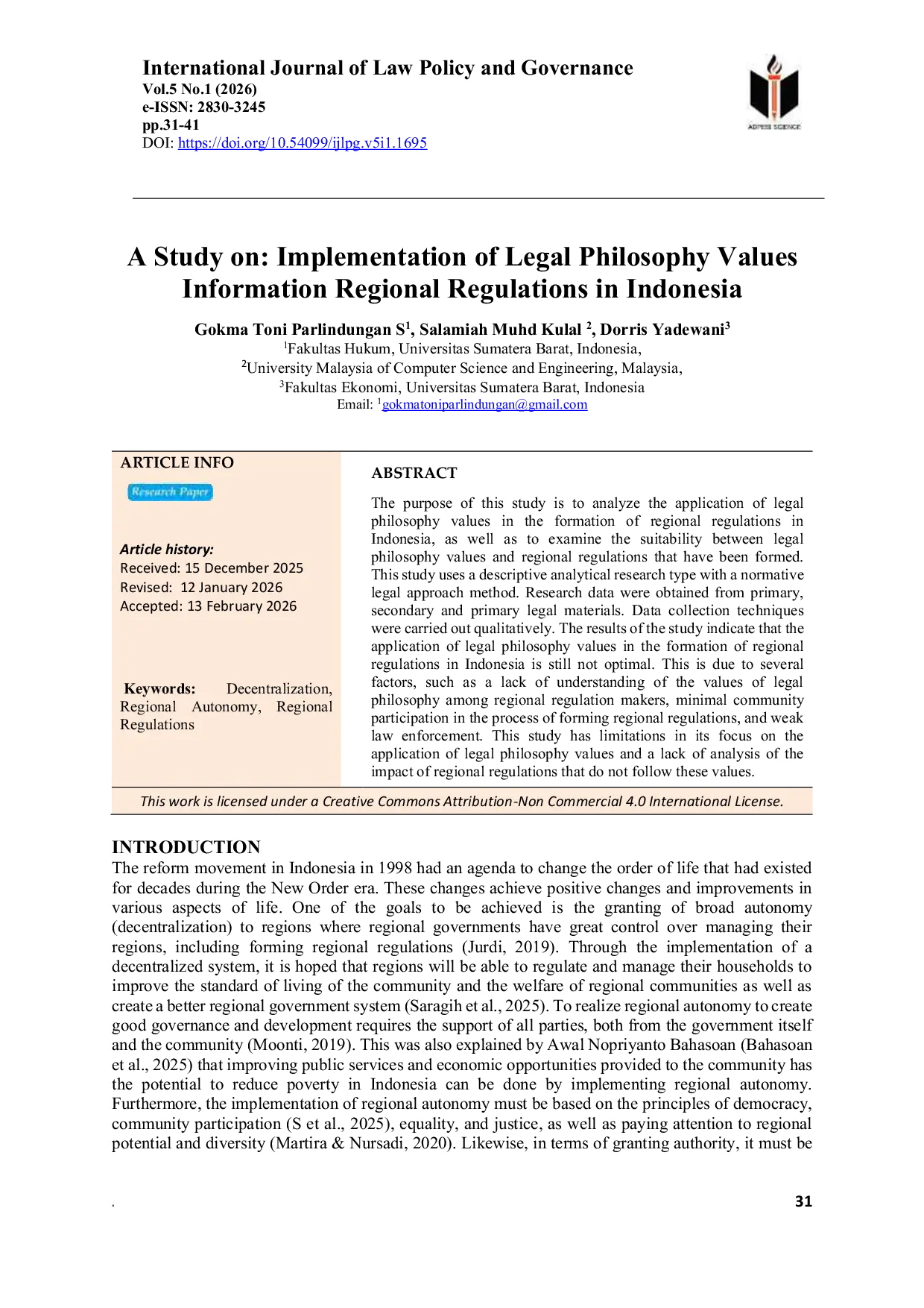 JURIS A Study on Implementation of Legal Philosophy Values Information Regional Regulations in Indonesia A Study on Implementation of Legal Philosophy Values Information Regional Regulations in Indonesia