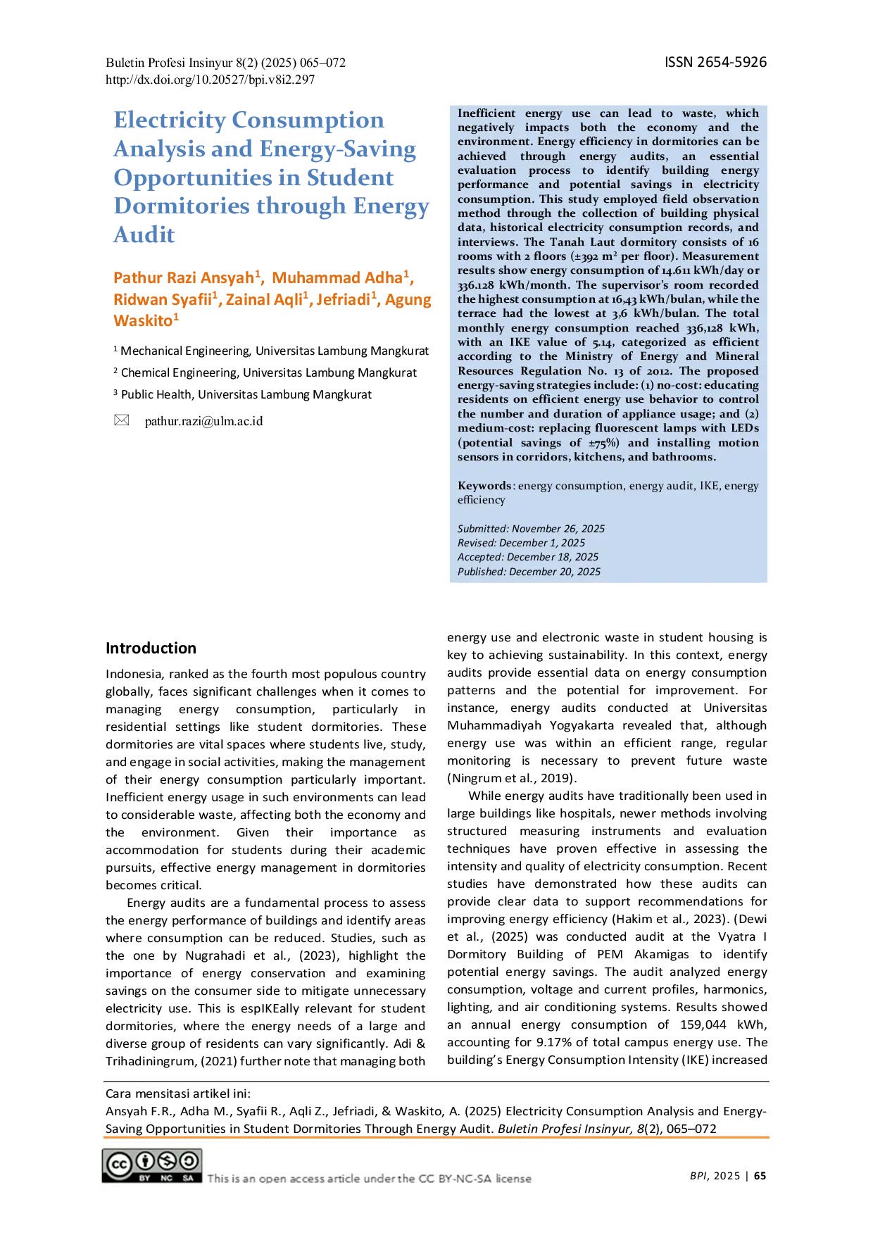 JURIS Electricity Consumption Analysis and Energy Saving Opportunities in Student Dormitories through Energy Audit