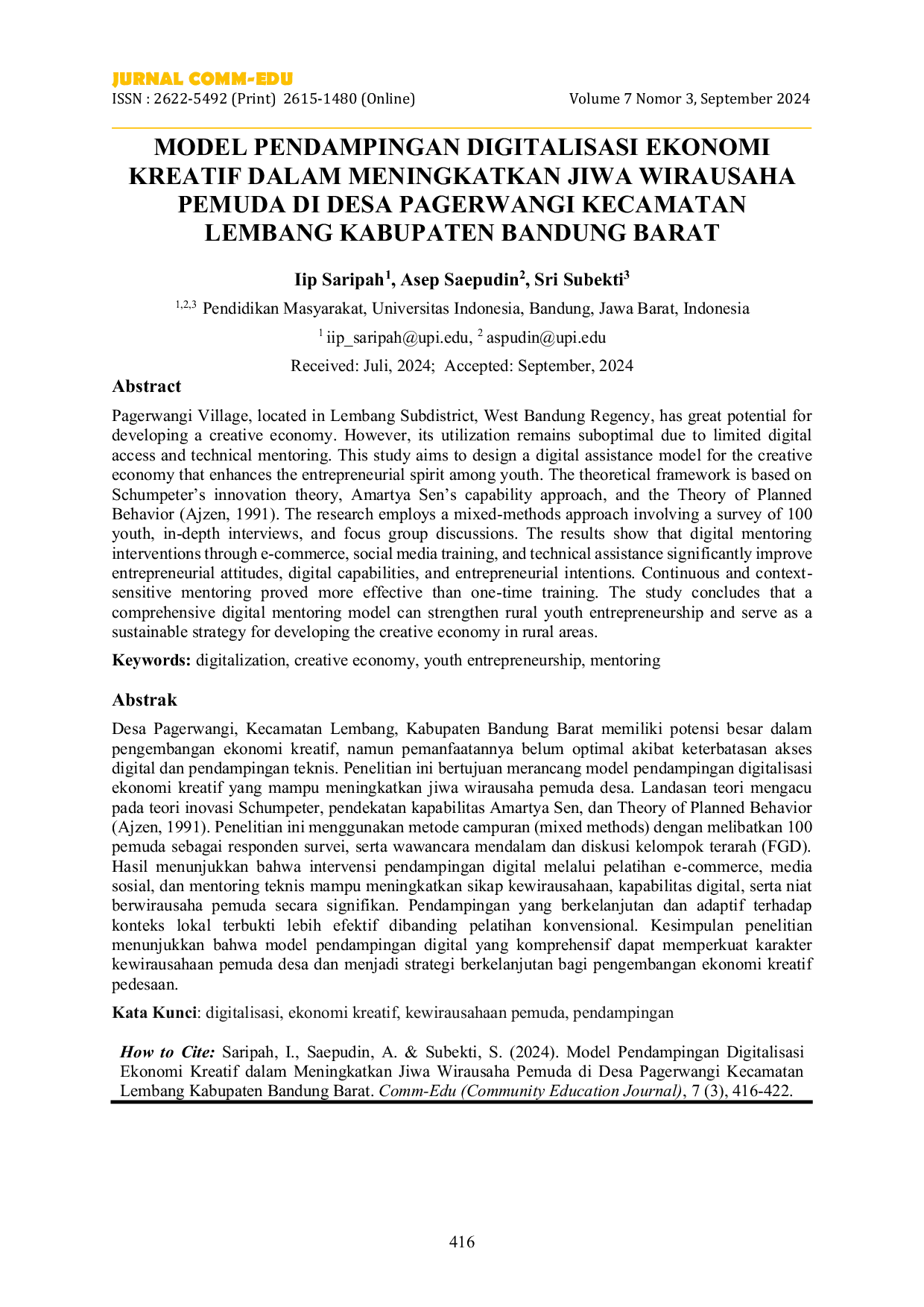 JURIS Model Pendampingan Digitalisasi Ekonomi Kreatif dalam Meningkatkan Jiwa Wirausaha Pemuda di Desa Pagerwangi Kecamatan Lembang Kabupaten Bandung Barat