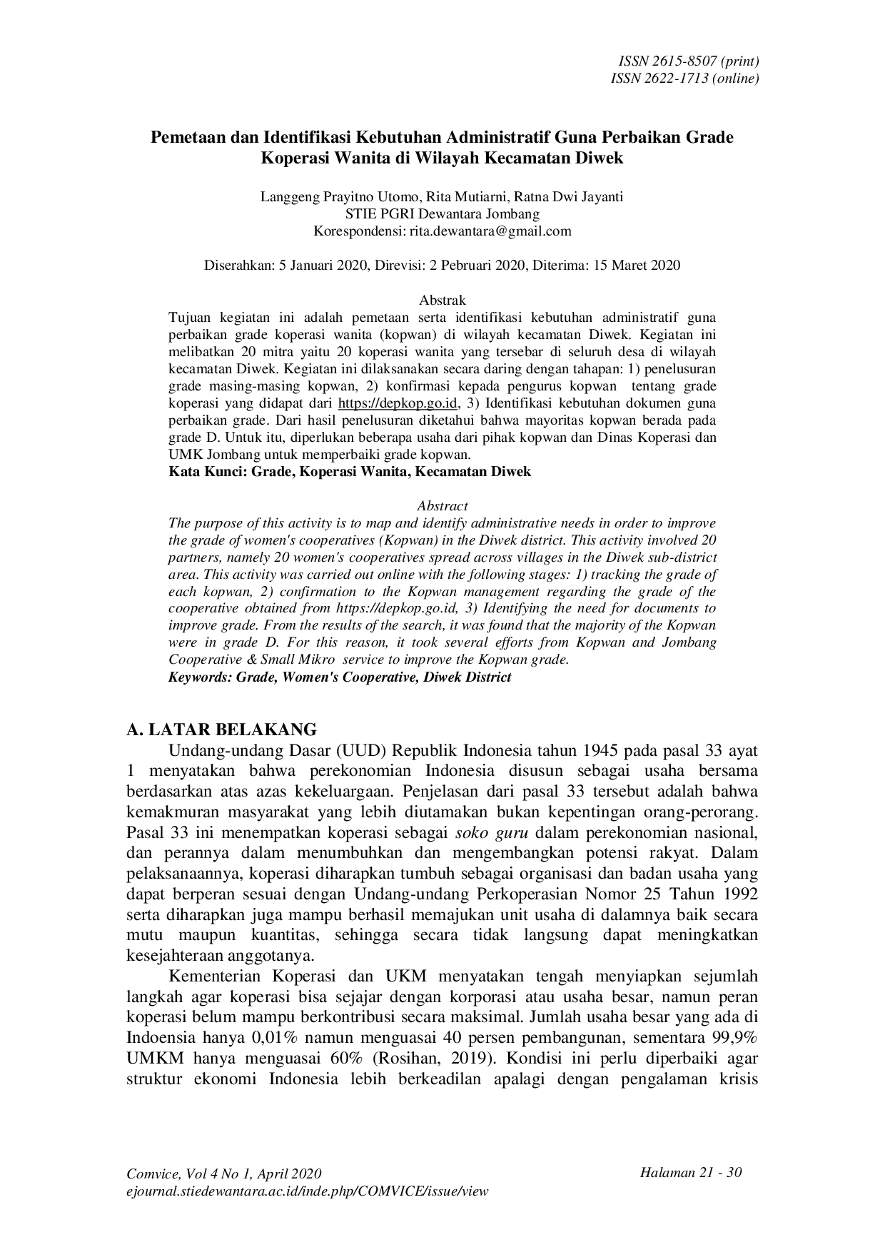 juris Pemetaan dan Identifikasi Kebutuhan Administratif Guna Perbaikan Grade Koperasi Wanita di Wilayah Kecamatan Diwek