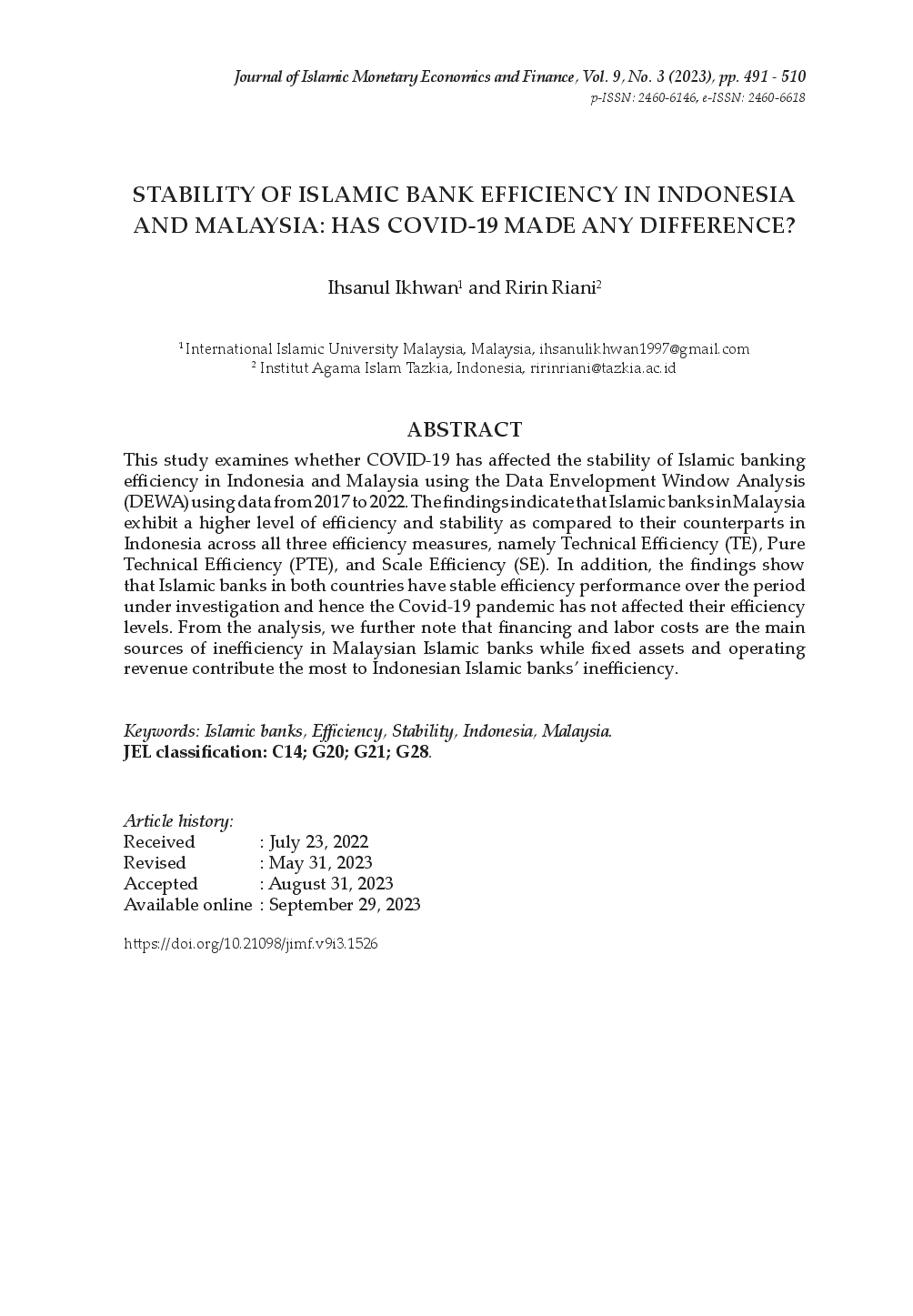 juris Stability of Islamic Bank Efficiency in Indonesia and Malaysia Has Covid 19 Made Any Difference