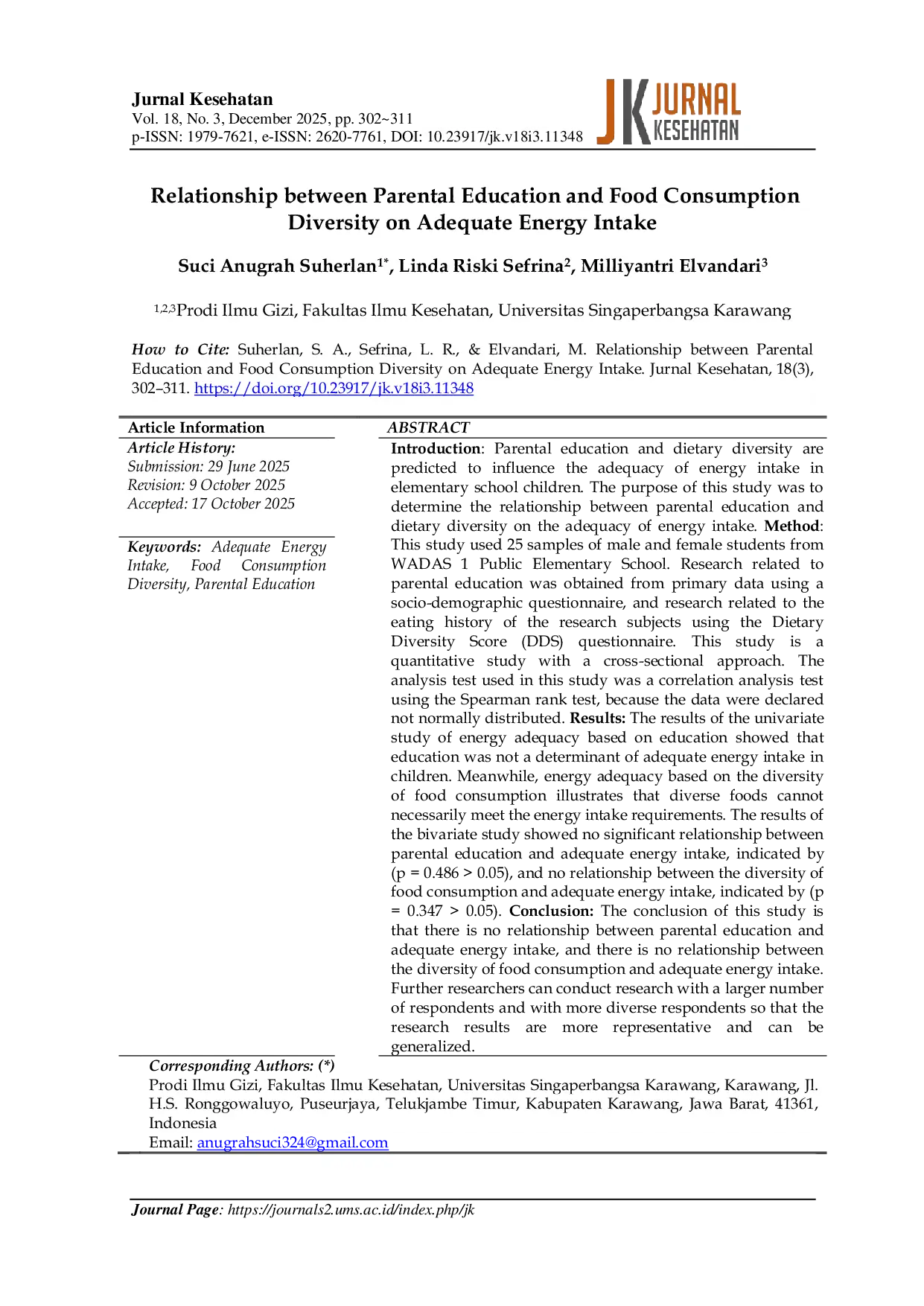 JURIS Relationship between Parental Education and Food Consumption Diversity on Adequate Energy Intake