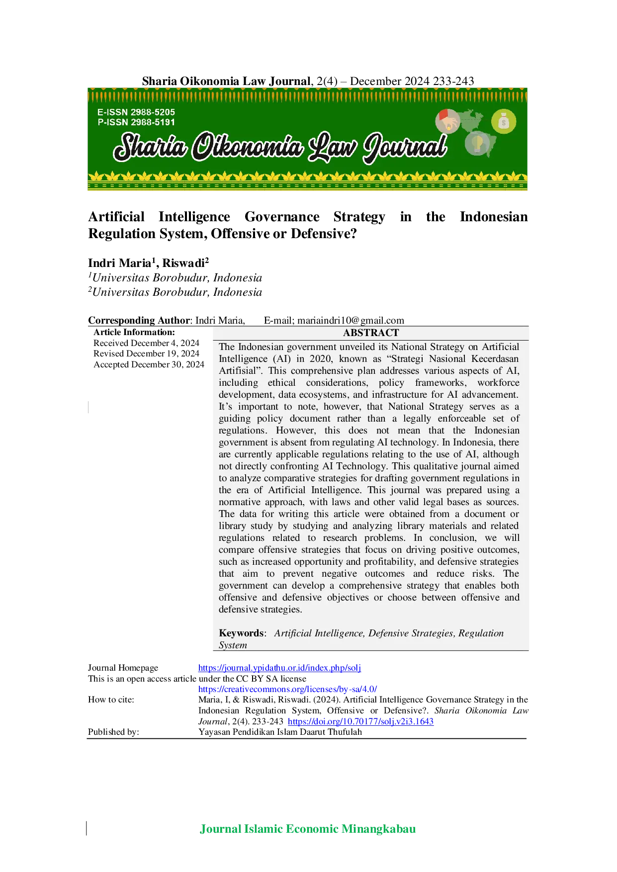 JURIS Artificial Intelligence Governance Strategy in the Indonesian Regulation System Offensive or Defensive