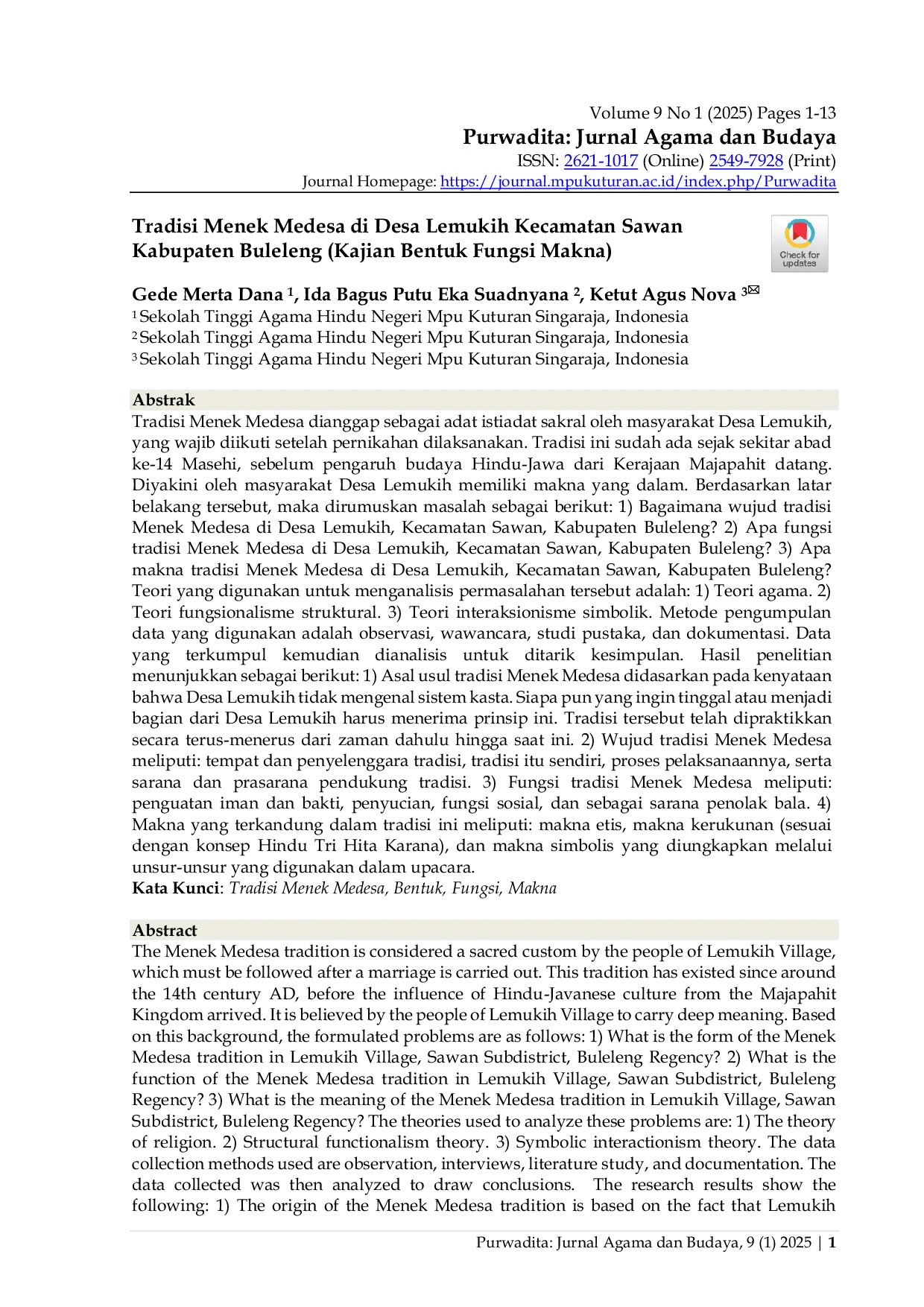 JURIS Tradisi Menek Medesa di Desa Lemukih Kecamatan Sawan Kabupaten Buleleng Kajian Bentuk Fungsi Makna