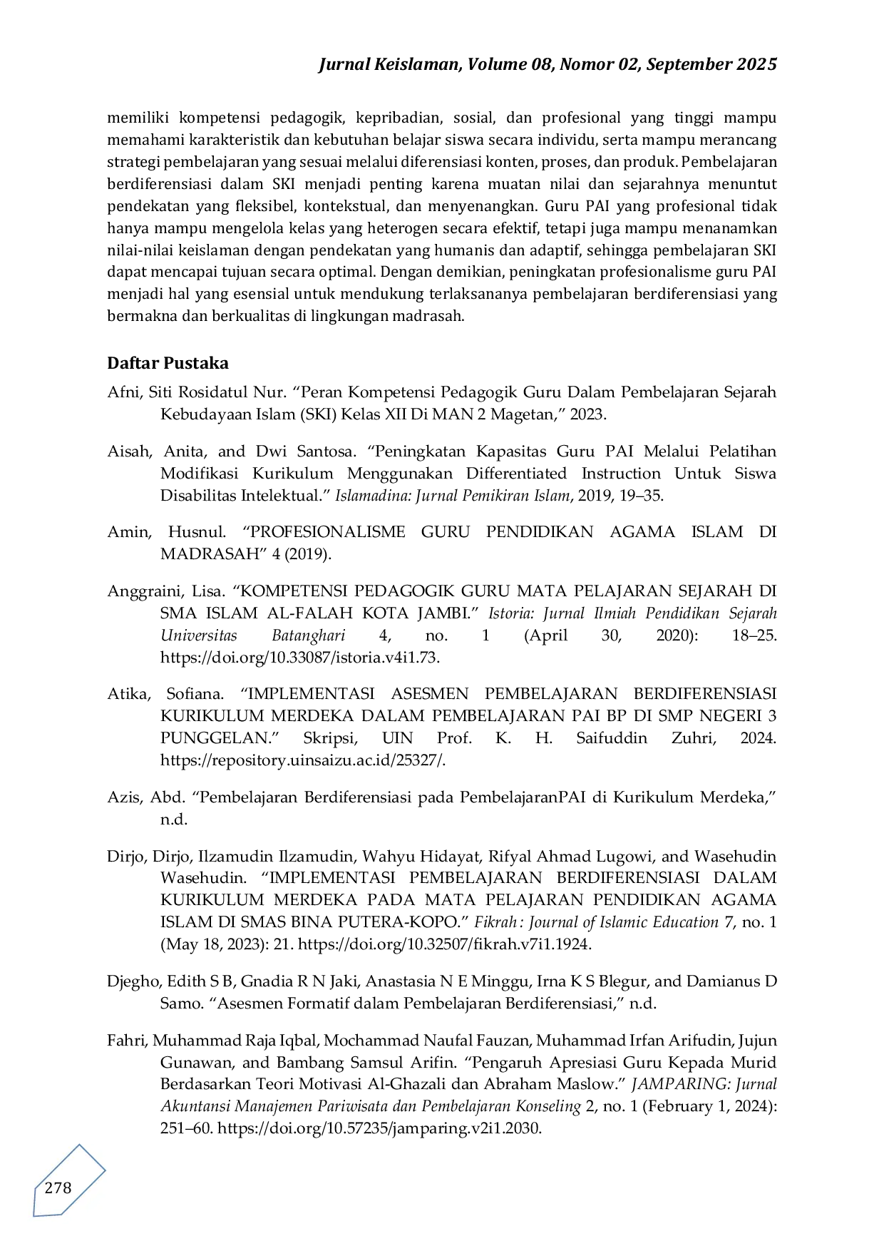 JURIS Profesionalisme Guru PAI dalam Pembelajaran Berdiferensiasi pada Mata pelajaran Sejarah Kebudayaan Islam SKI di Madrasah Ibtidaiyah