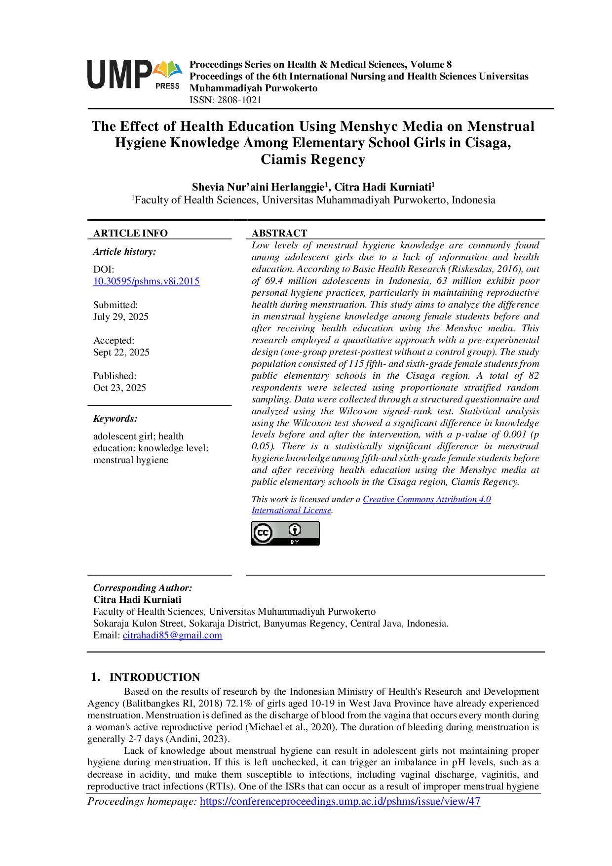 JURIS The Effect of Health Education Using Menshyc Media on Menstrual Hygiene Knowledge Among Elementary School Girls in Cisaga Ciamis Regency