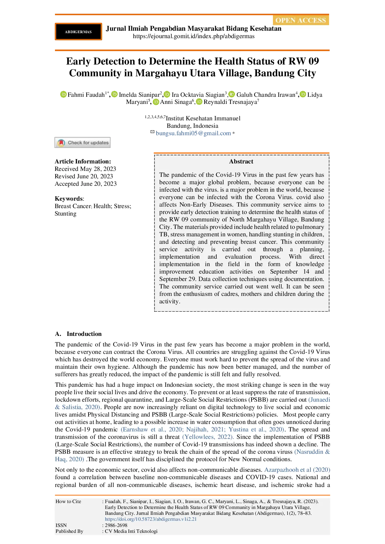 juris Early Detection to Determine the Health Status of RW 09 Community in Margahayu Utara Village Bandung City