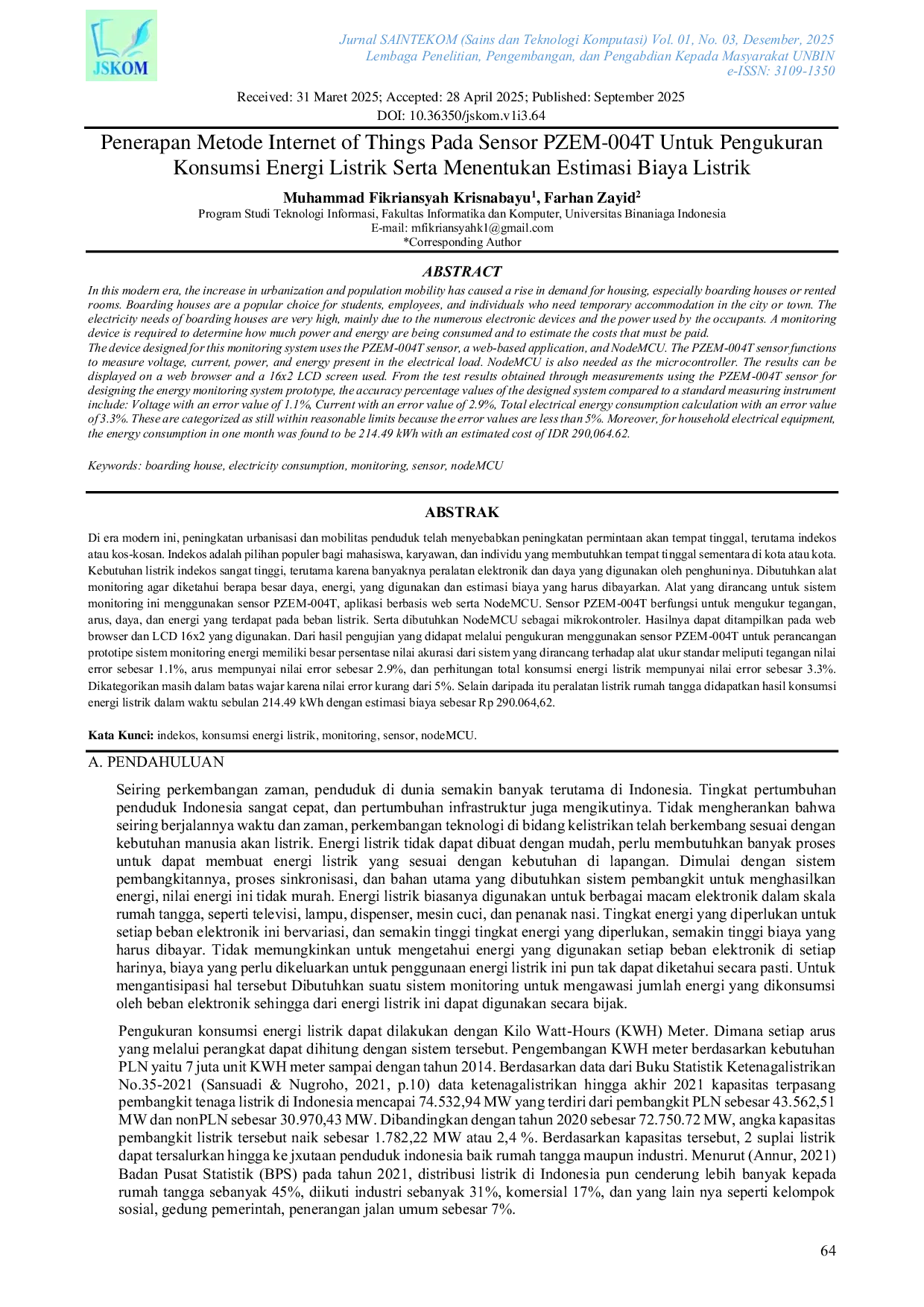 JURIS Penerapan Metode Internet Of Things Pada Sensor Pzem 004T Untuk Pengukuran Konsumsi Energi Listrik Serta Menentukan Estimasi Biaya Listrik