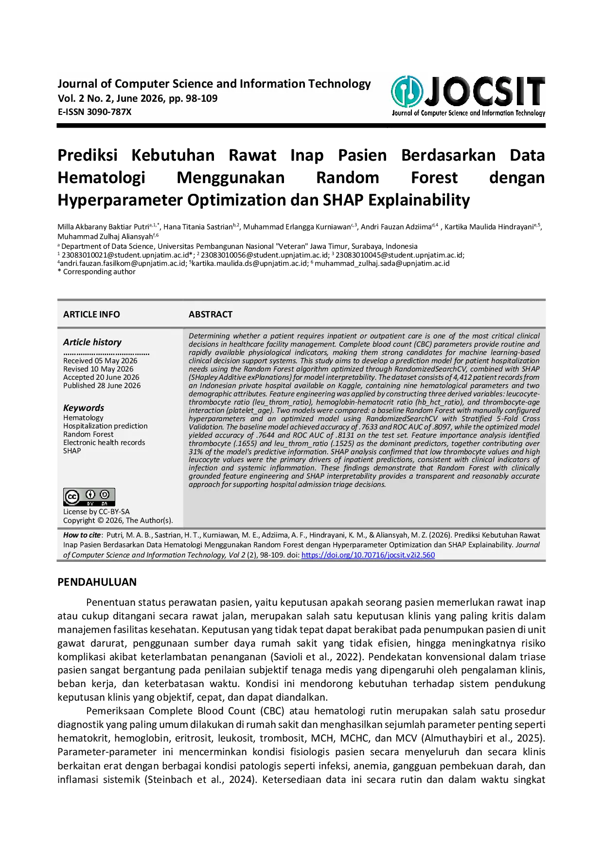 JURIS Prediksi Kebutuhan Rawat Inap Pasien Berdasarkan Data Hematologi Menggunakan Random Forest dengan Hyperparameter Optimization dan SHAP Explainability