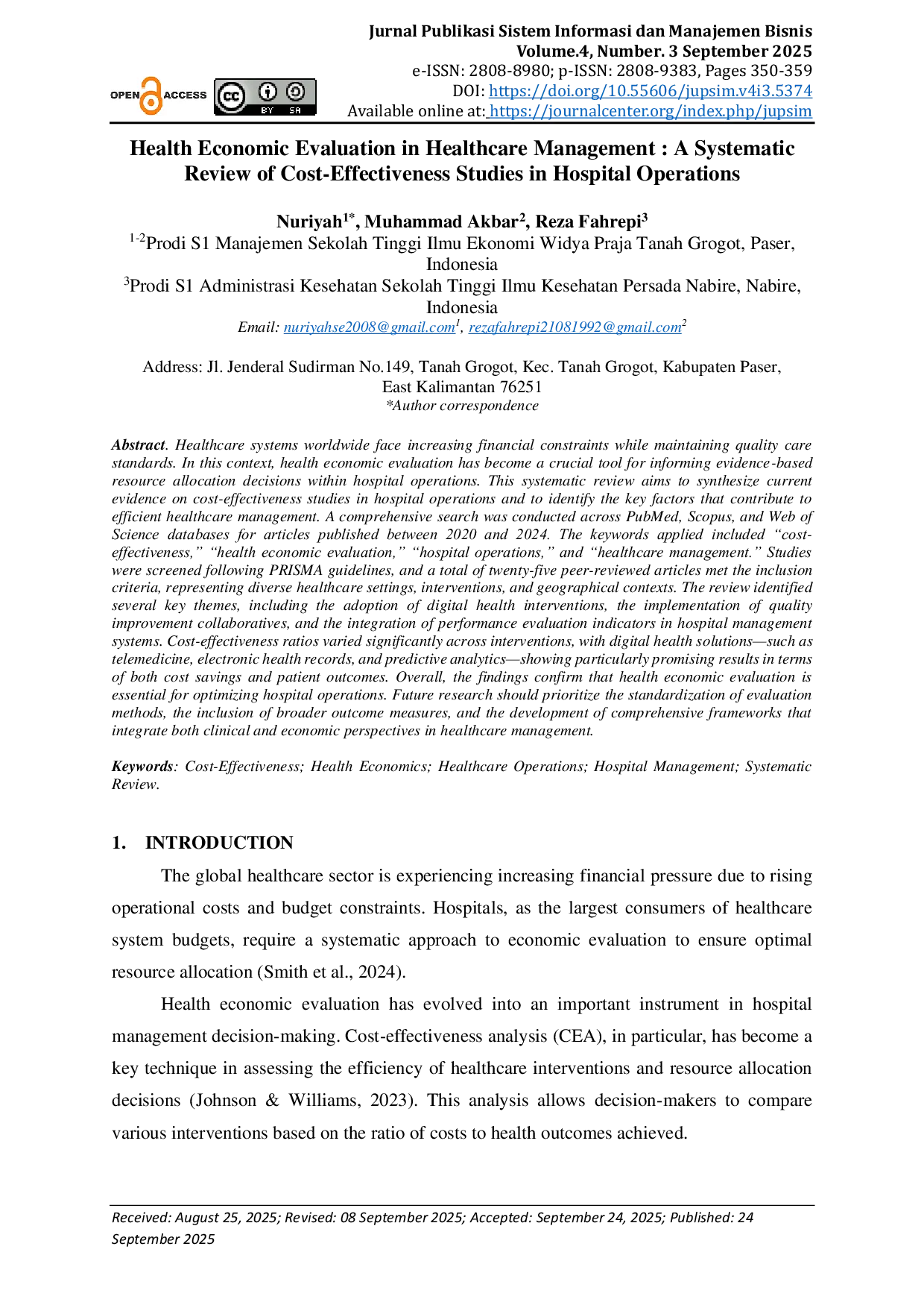 JURIS Health Economic Evaluation in Healthcare Management A Systematic Review of Cost Effectiveness Studies in Hospital Operations