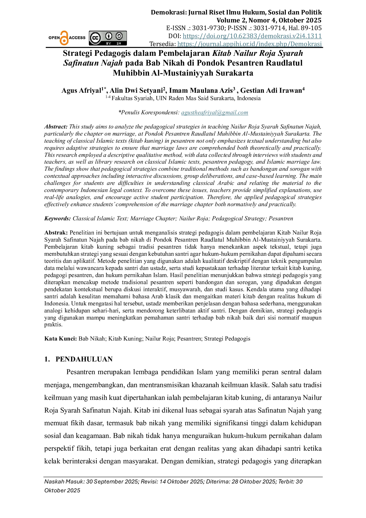 JURIS Strategi Pedagogis dalam Pembelajaran Kitab Nailur Roja Syarah Safinatun Najah pada Bab Nikah di Pondok Pesantren Raudlatul Muhibbin Al Mustainiyyah Surakarta