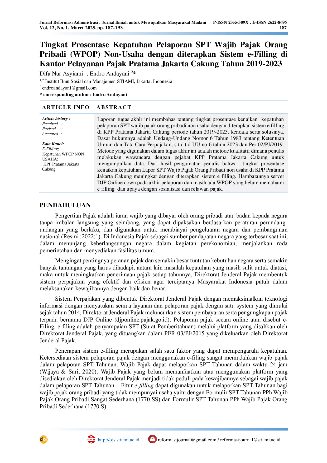 JURIS Tingkat Prosentase Kepatuhan Pelaporan SPT Wajib Pajak Orang Pribadi WPOP Non Usaha dengan diterapkan Sistem e Filling di Kantor Pelayanan Pajak Pratama Jakarta Cakung Tahun 2019 2023