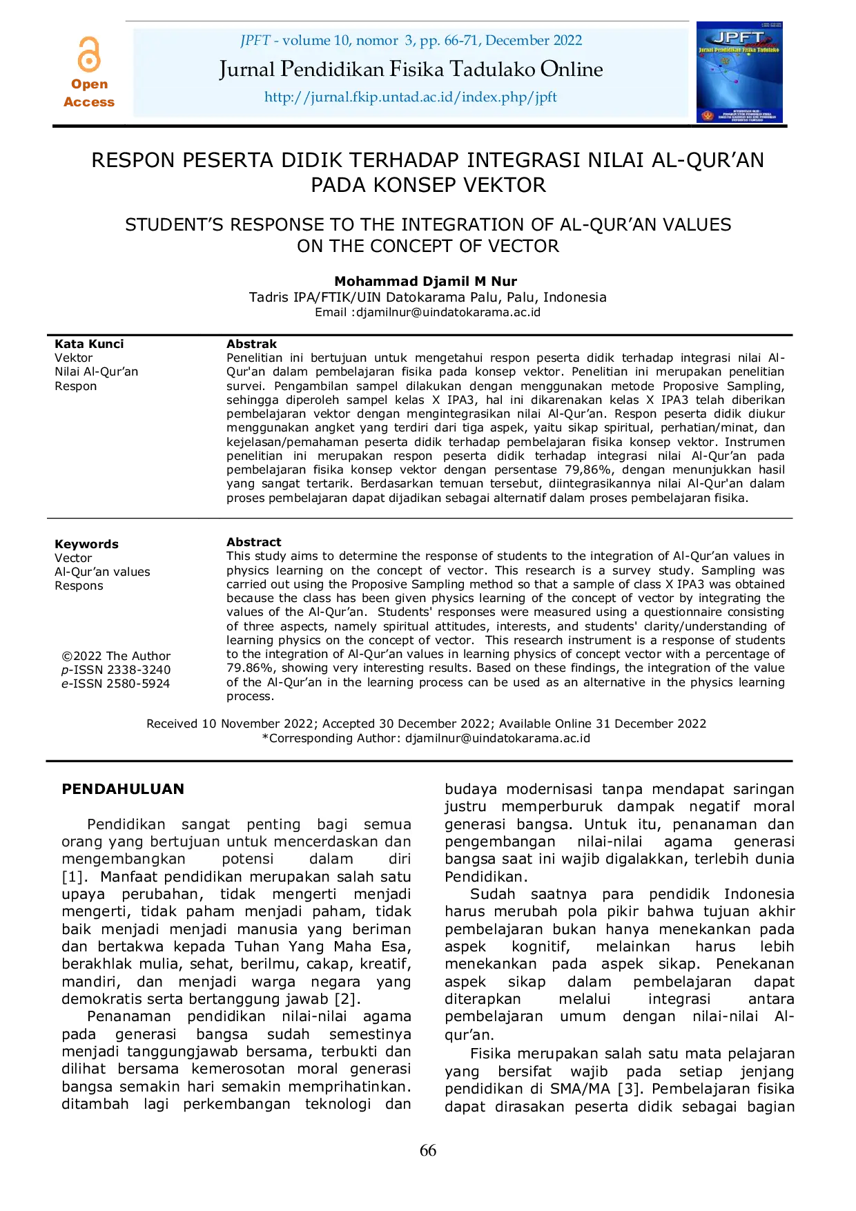 JURIS Respon Peserta Didik Terhadap Integrasi Nilai Al Qur an Pada Konsep Vektor