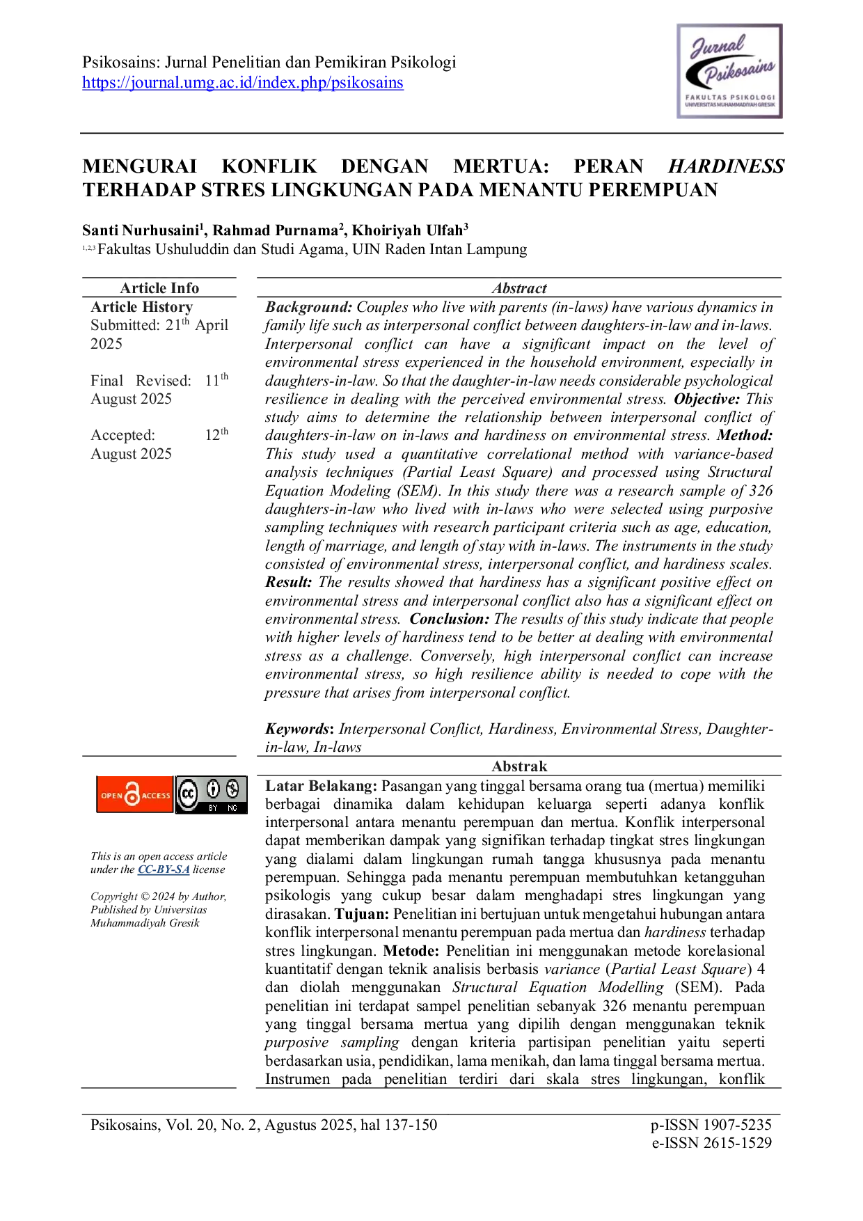 JURIS Mengurai Konflik dengan Mertua Peran Hardiness Terhadap Stres Lingkungan pada Menantu Perempuan