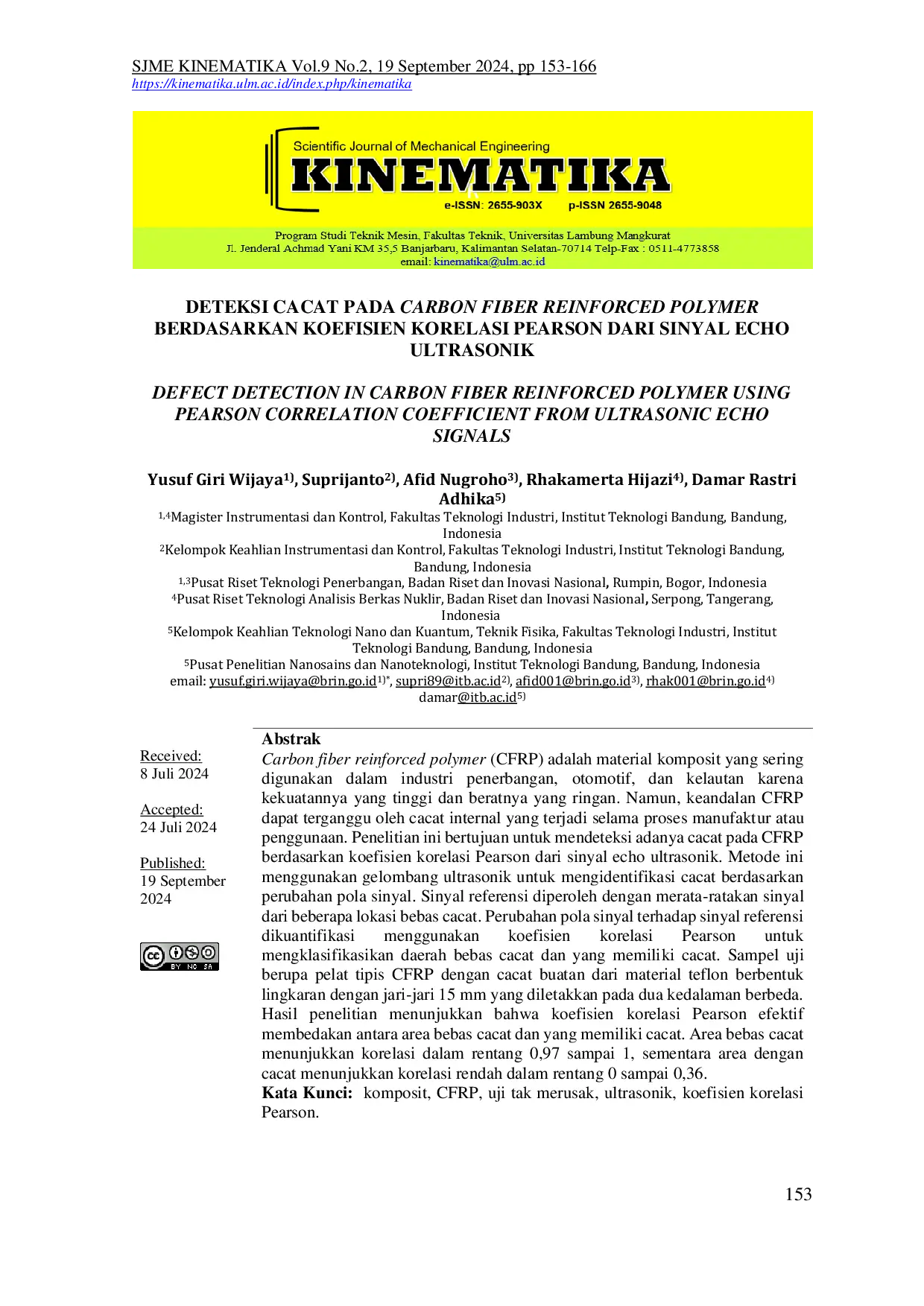 JURIS Deteksi Cacat Pada Carbon Fiber Reinforced Polymer Berdasarkan Koefisien Korelasi Pearson Dari Sinyal Echo Ultrasonik