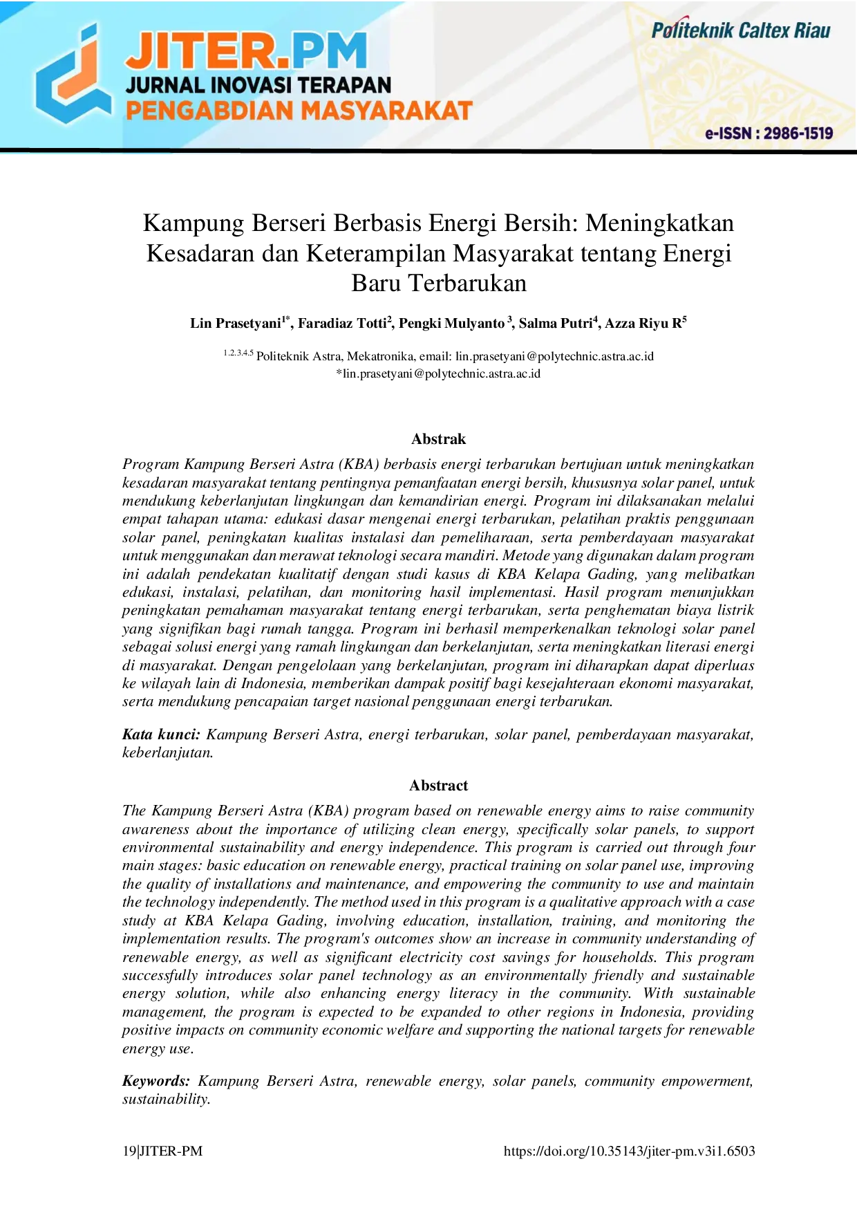 JURIS Kampung Berseri Berbasis Energi Bersih Meningkatkan Kesadaran dan Keterampilan Masyarakat tentang Energi Baru Terbarukan