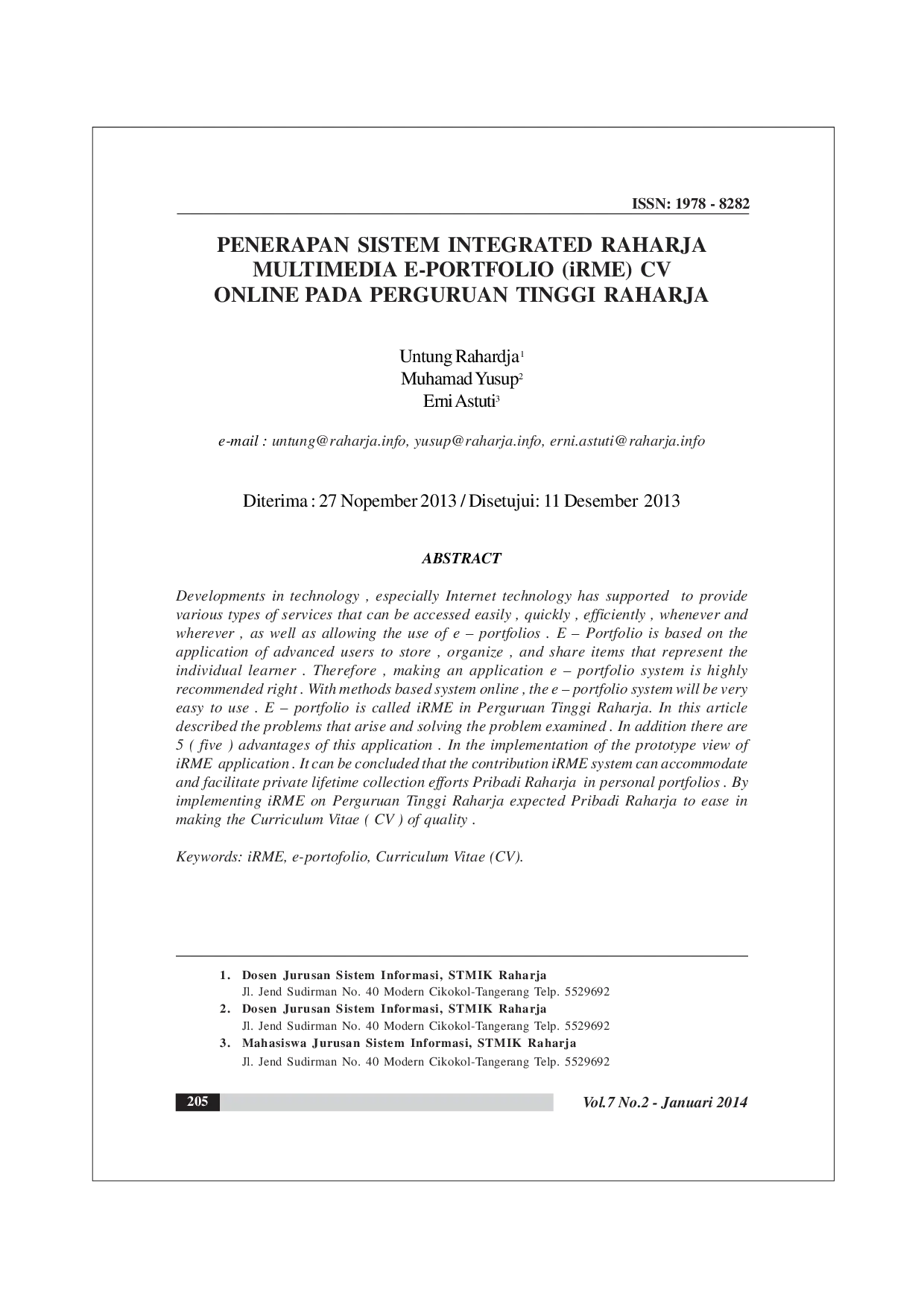 JURIS Penerapan Sistem Integrated Raharja Multimedia E Portfolio iRME CV Online Pada Perguruan Tinggi Raharja