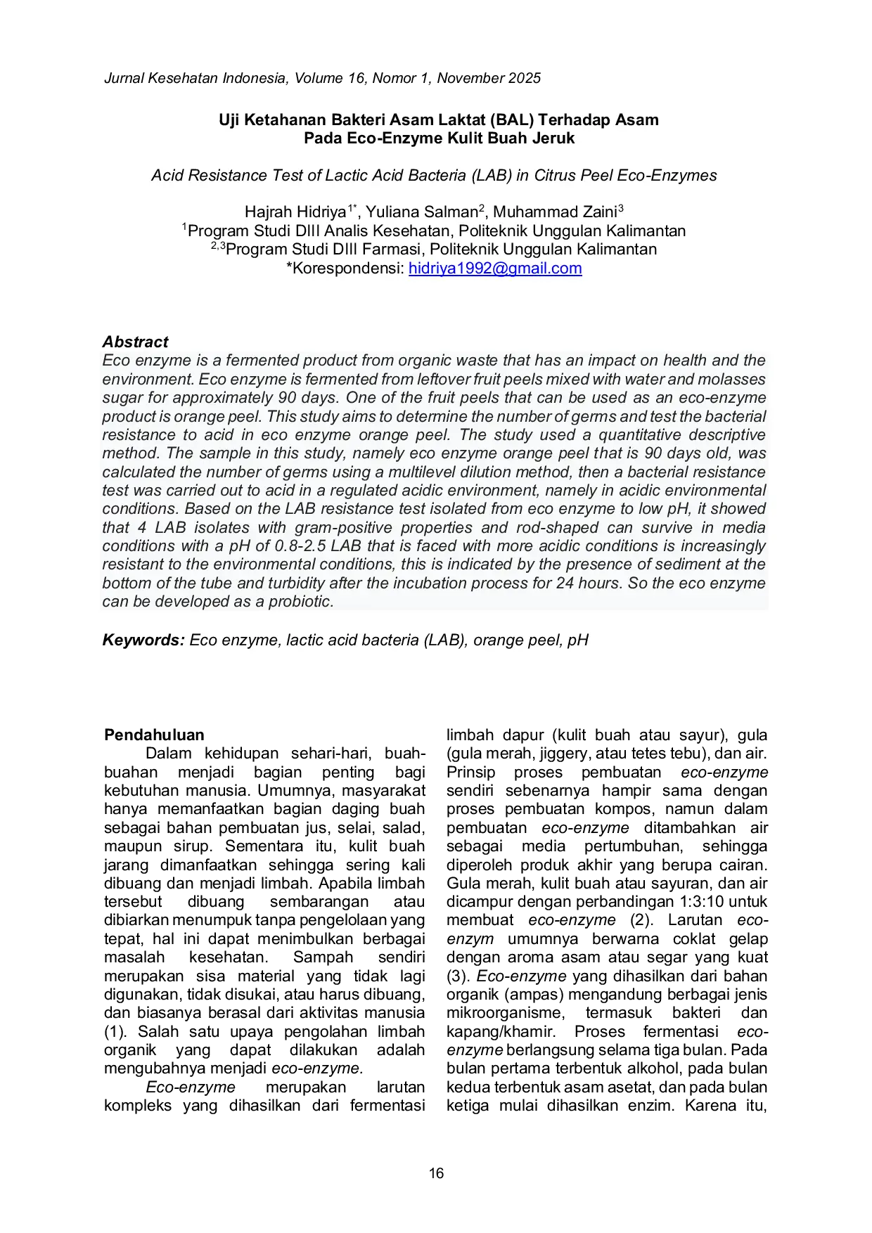 JURIS Uji Ketahanan Bakteri Asam Laktat BAL Terhadap Asam Pada Eco Enzyme Kulit Buah Jeruk