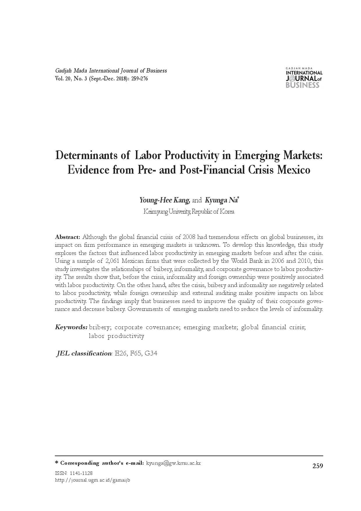 juris Determinants of Labor Productivity in Emerging Markets Evidence from Pre and Post Financial Crisis Mexico