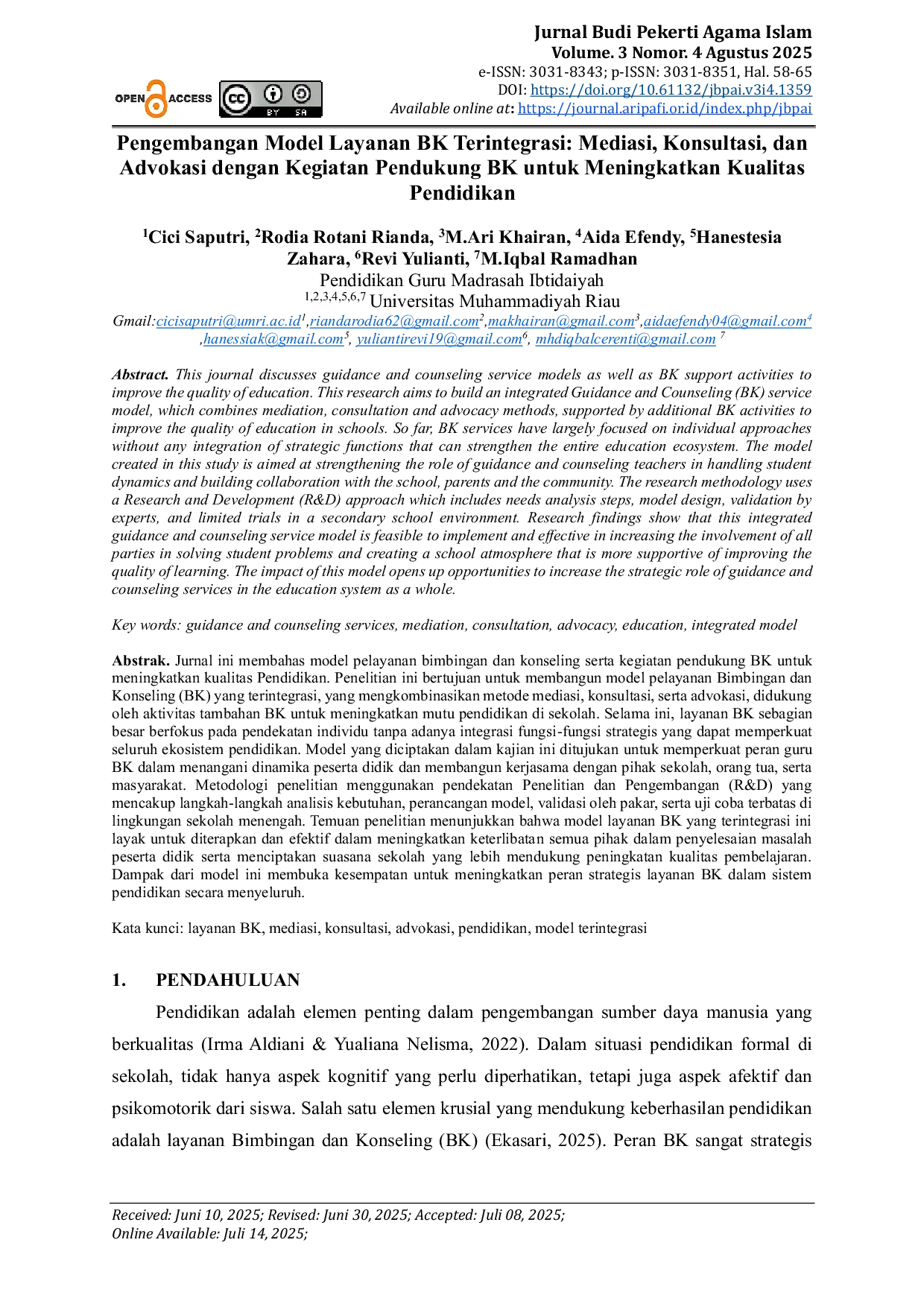 JURIS Pengembangan Model Layanan BK Terintegrasi Mediasi Konsultasi dan Advokasi dengan Kegiatan Pendukung BK untuk Meningkatkan Kualitas Pendidikan