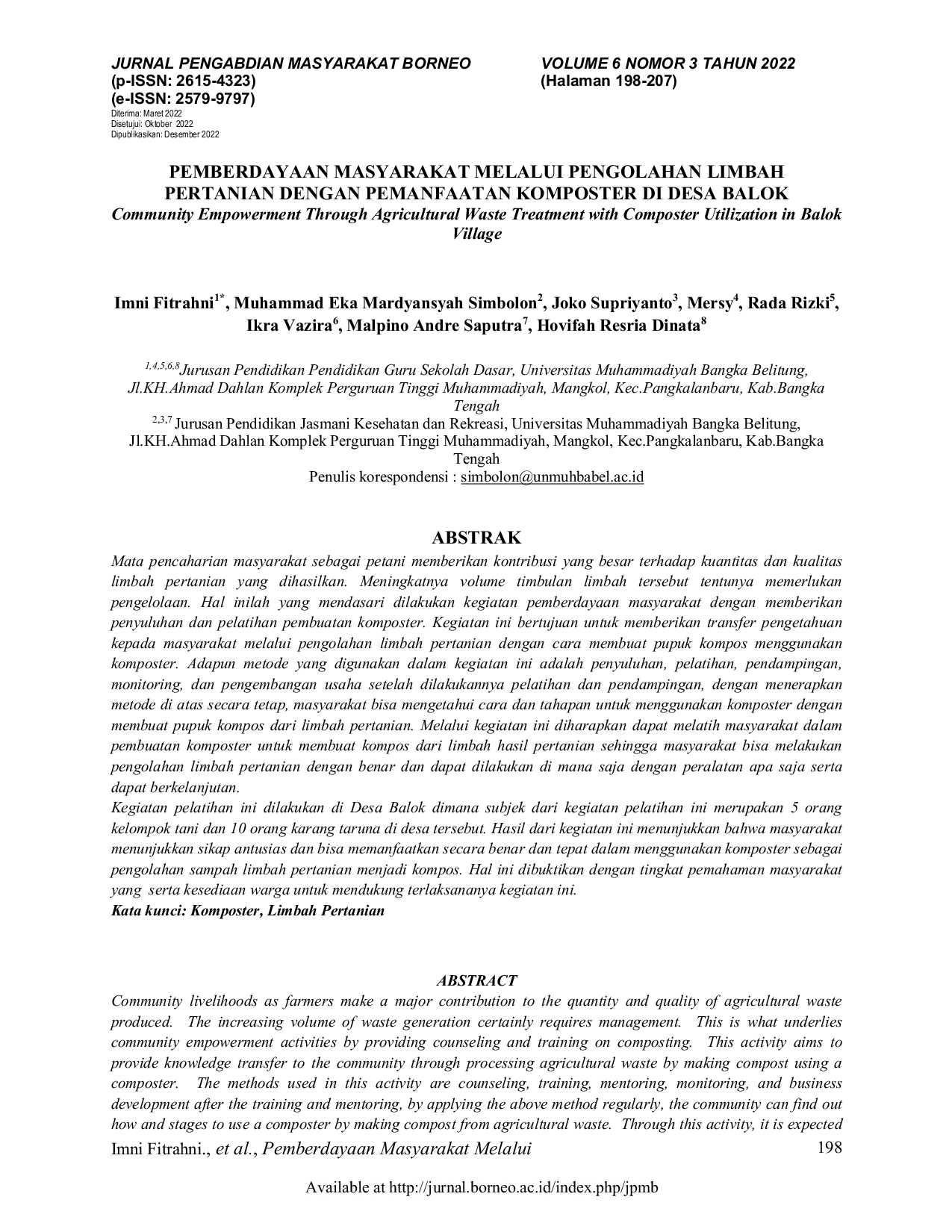 JURIS Pemberdayaan Masyarakat Melalui Pengolahan Limbah Pertanian dengan Pemanfaatan Komposter Di Desa Balok